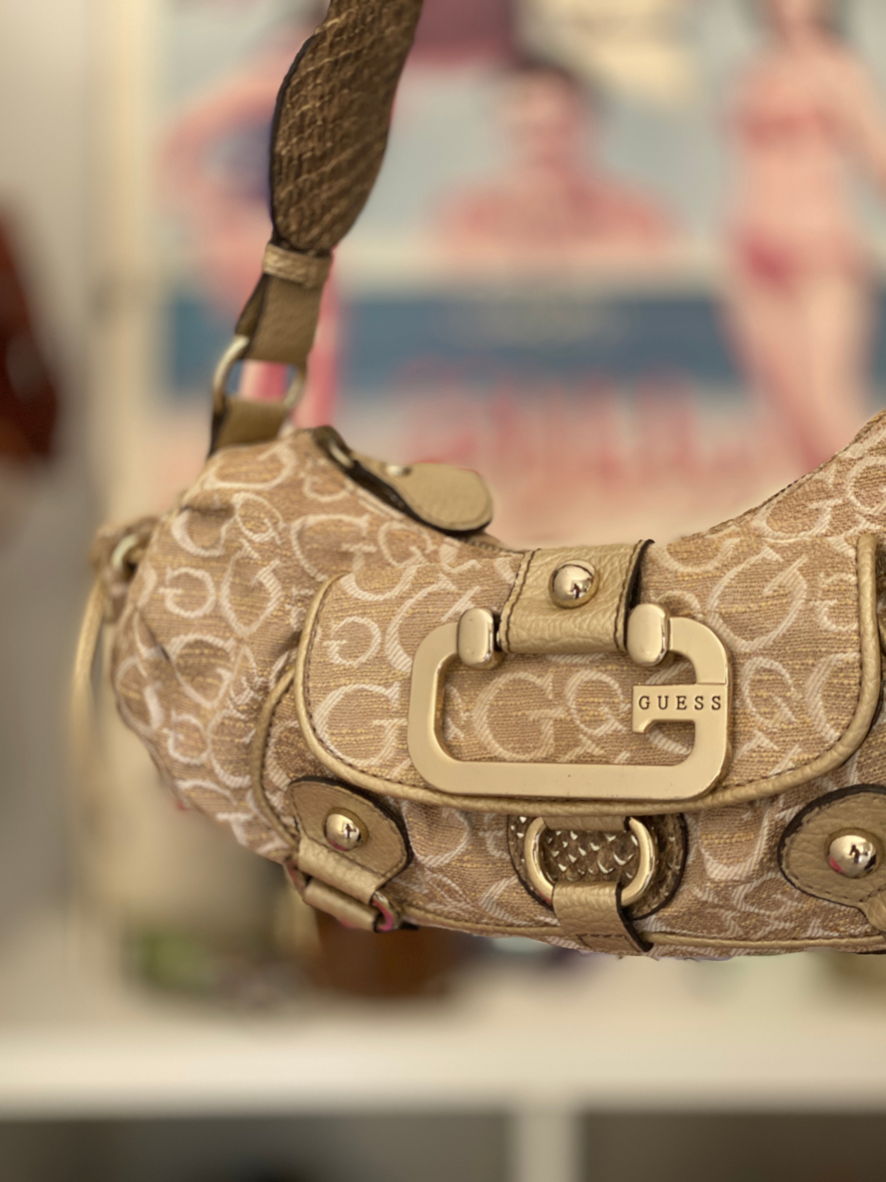 Vintage Y2K Guess Beige Monogram Canvas Moto Hobo Shoulder Bag