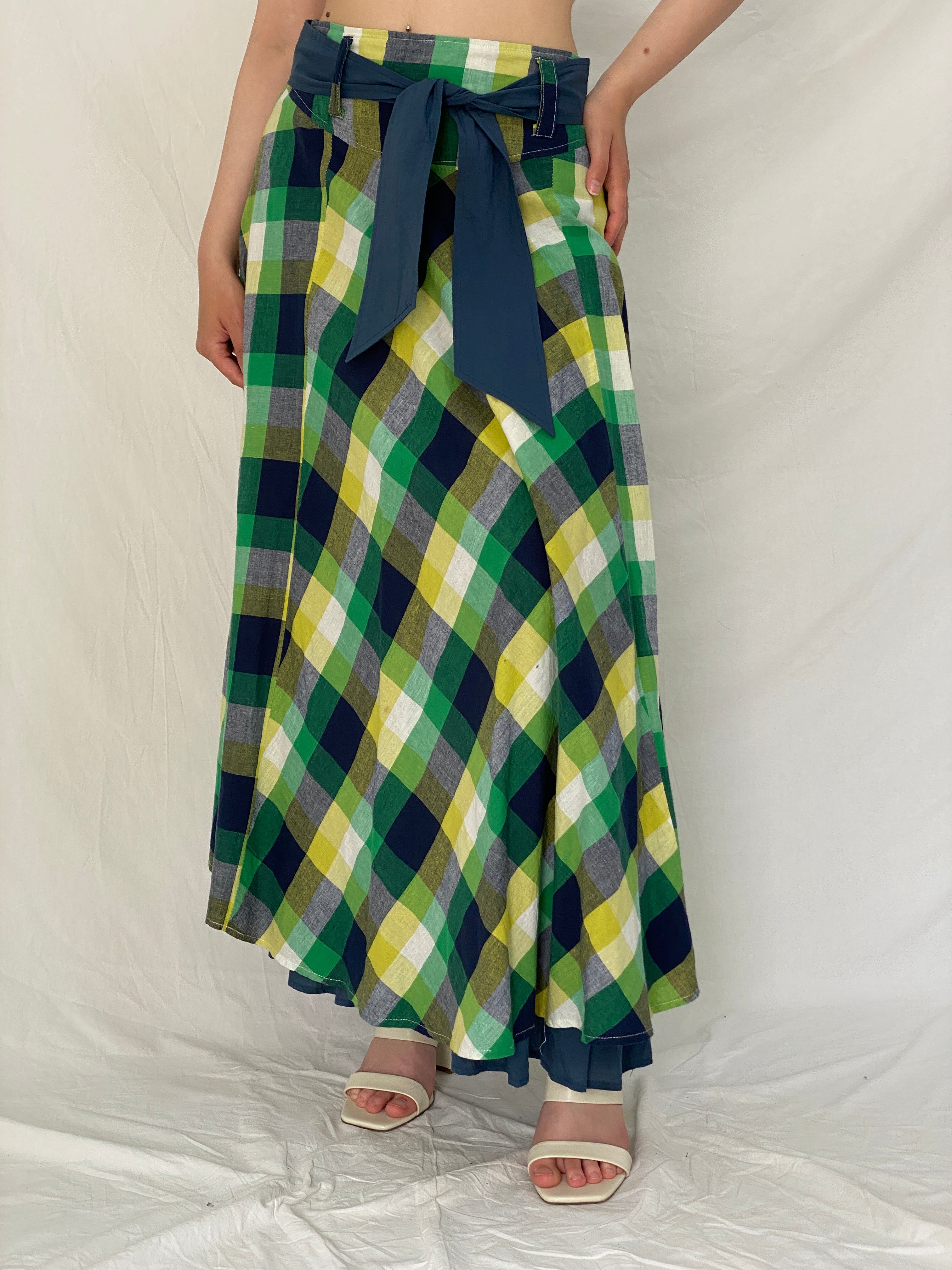 Vintage Passion Green Yellow Plaid Cotton Cottage Core Maxi Skirt - M