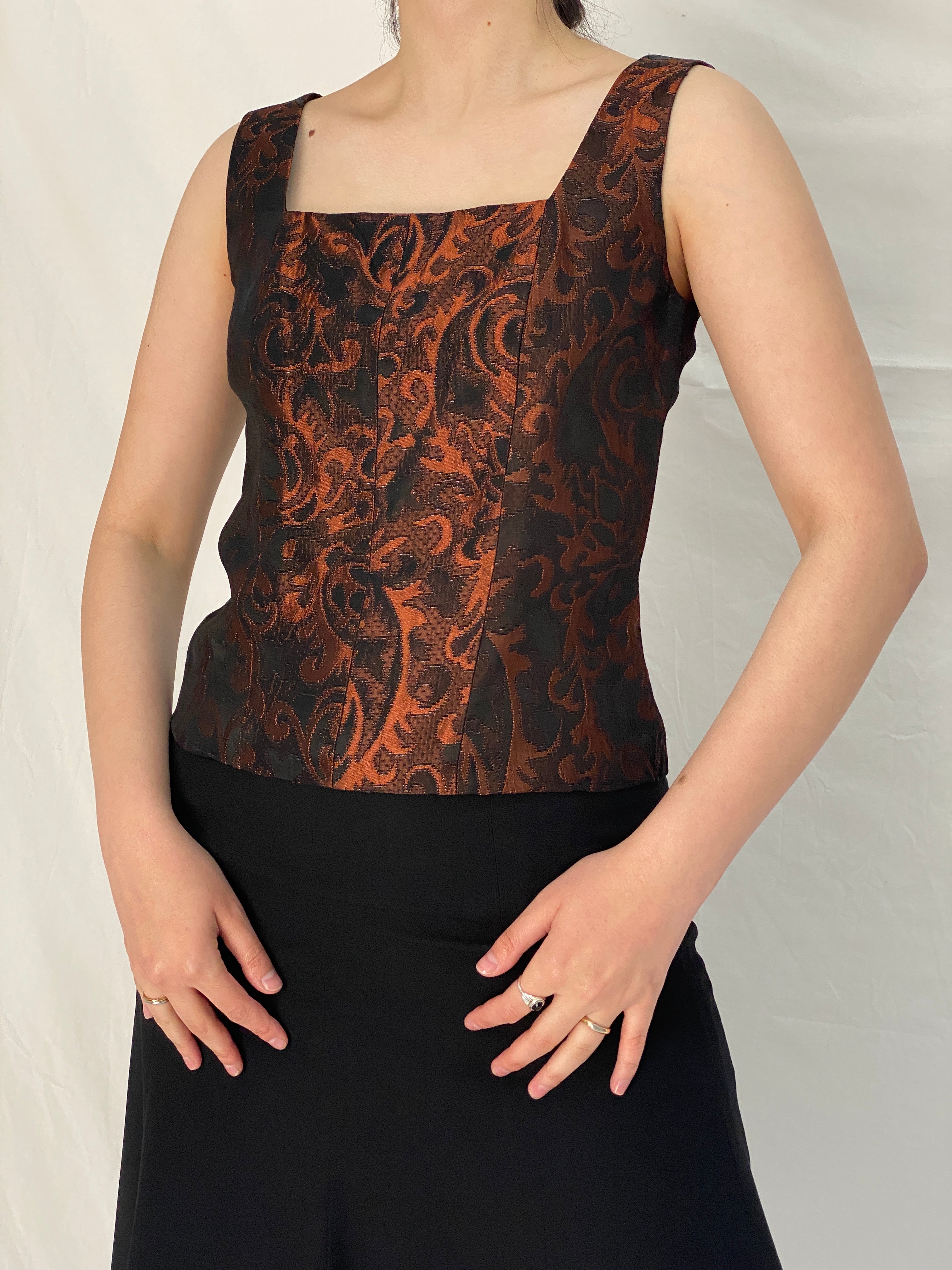 Vintage 90s La Rochelle Metallic Brown Black Brocade Corset Top Structured Bustier - S