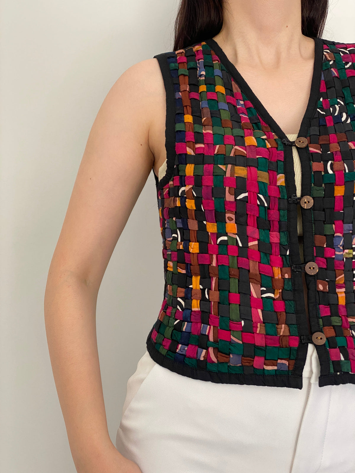 Vintage 90s Anne Tjian for Kenar Multicolor Woven Rayon Button Vest – M