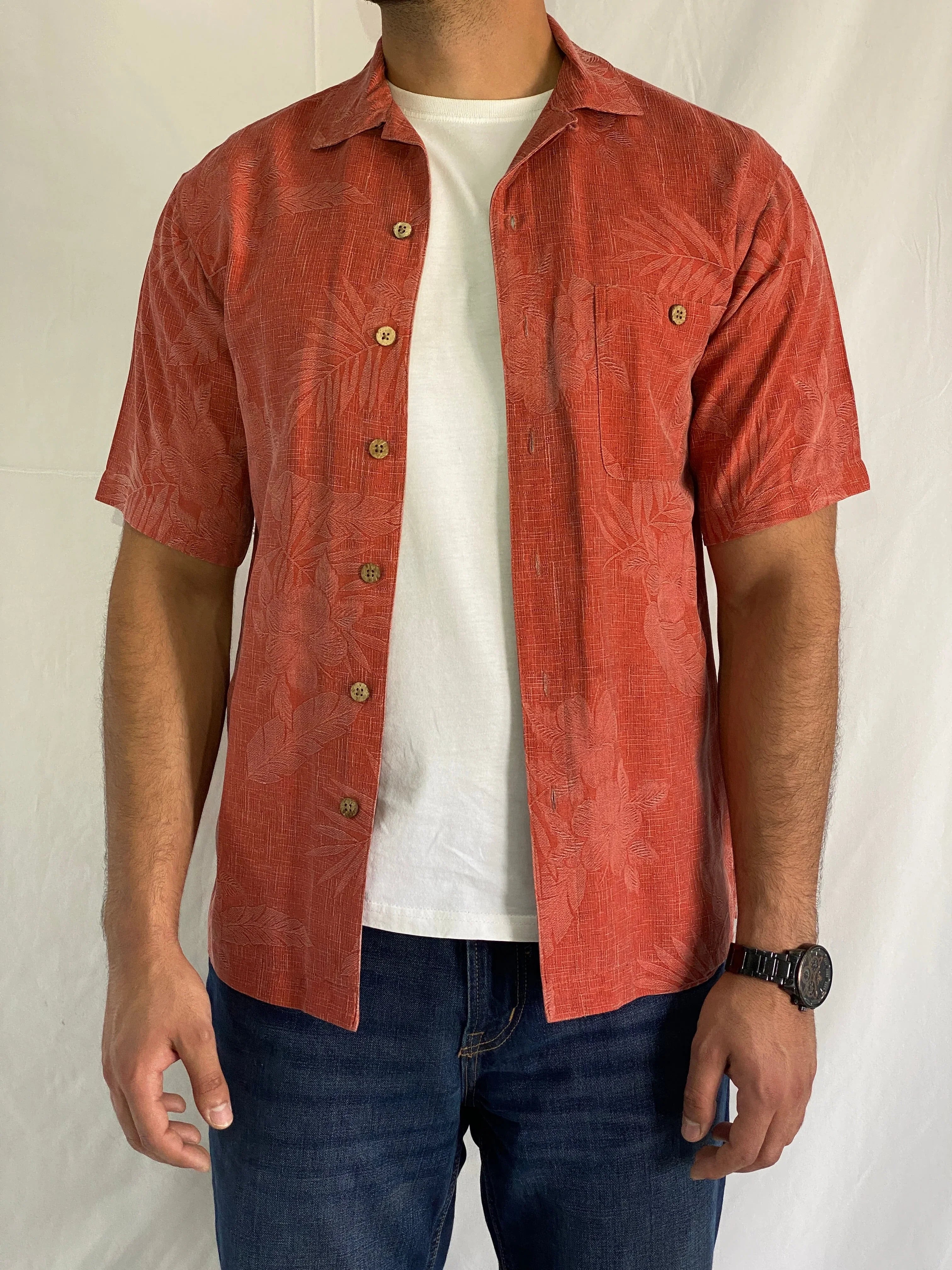 Vintage Island Shores Original Island Wear Washable Silk Red Jacquard Shirt - S