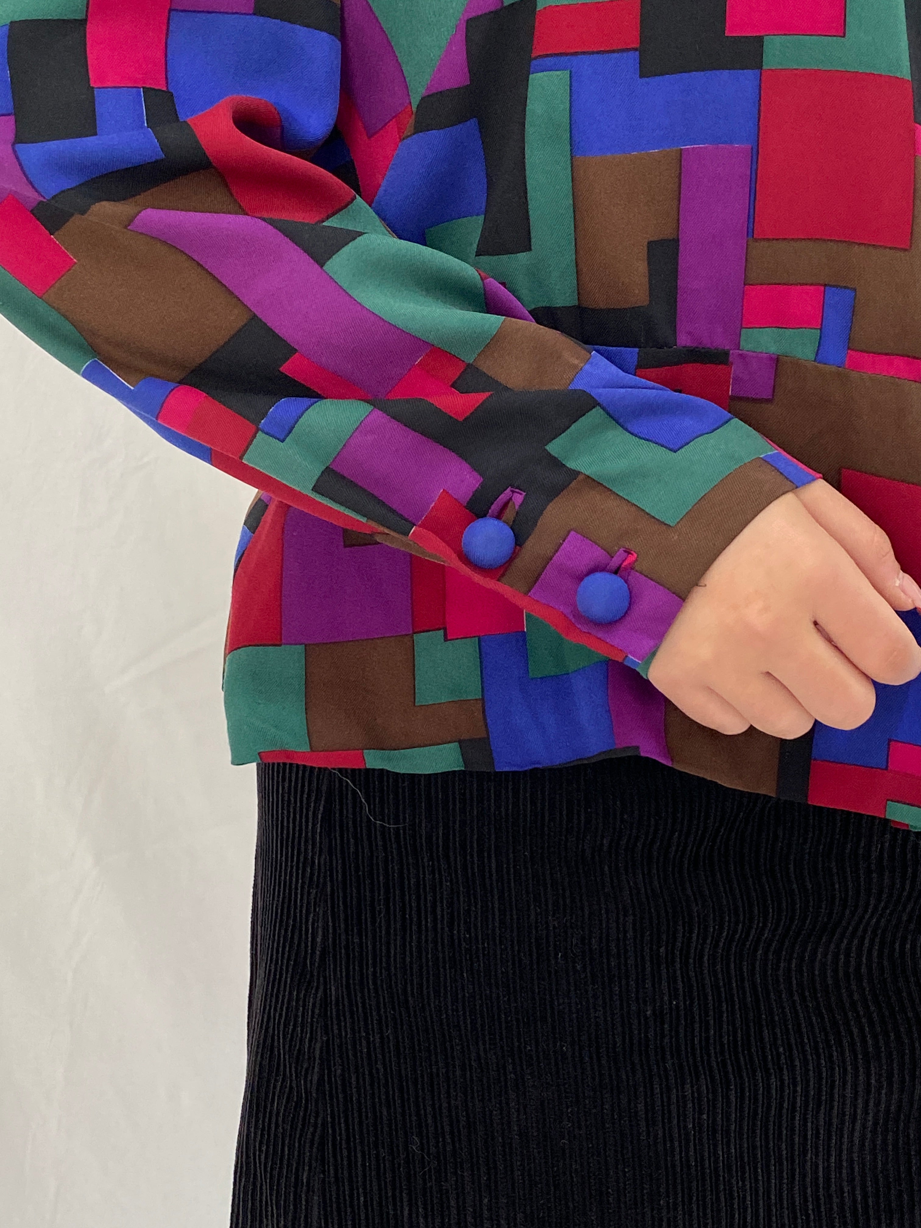 Vintage Handmade 80s Multicolor Abstract Geometric Print Long Sleeve Button-Up Shirt – XL