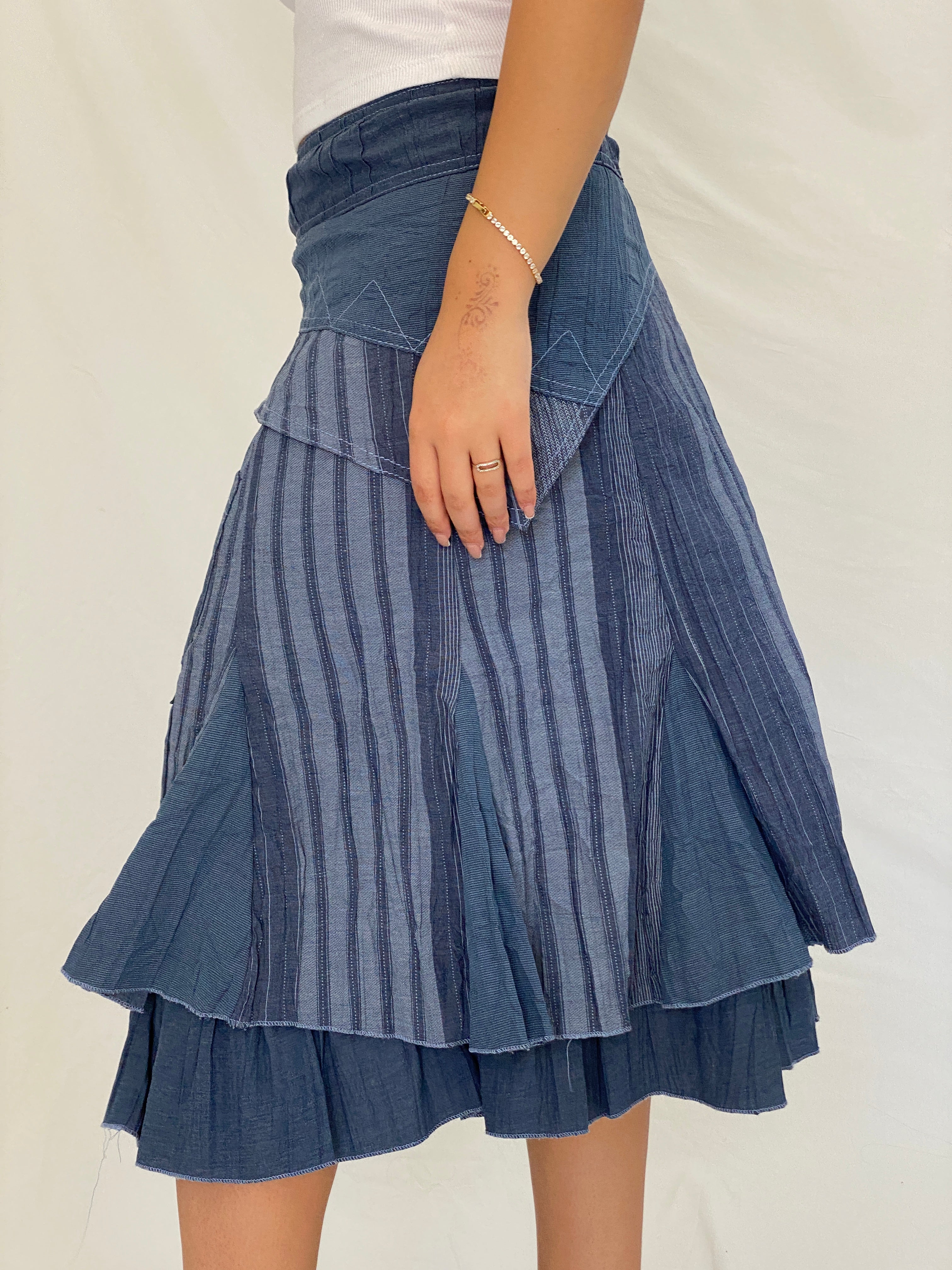 Y2K Affinités Armand Thiery Blue Patchwork Layered Whimsigoth Midi Skirt – L