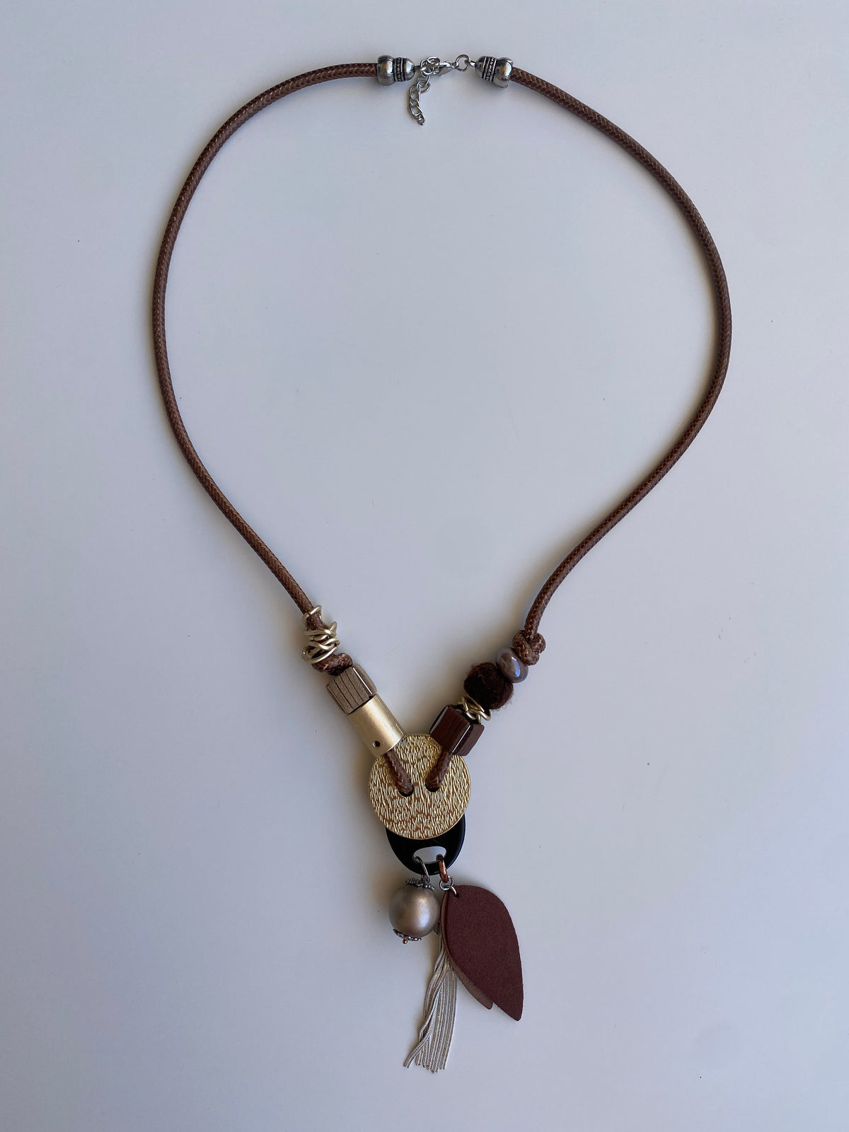 Vintage Y2K Boho Brown Cord Mixed-Media Gold-Tone Charm Statement Necklace