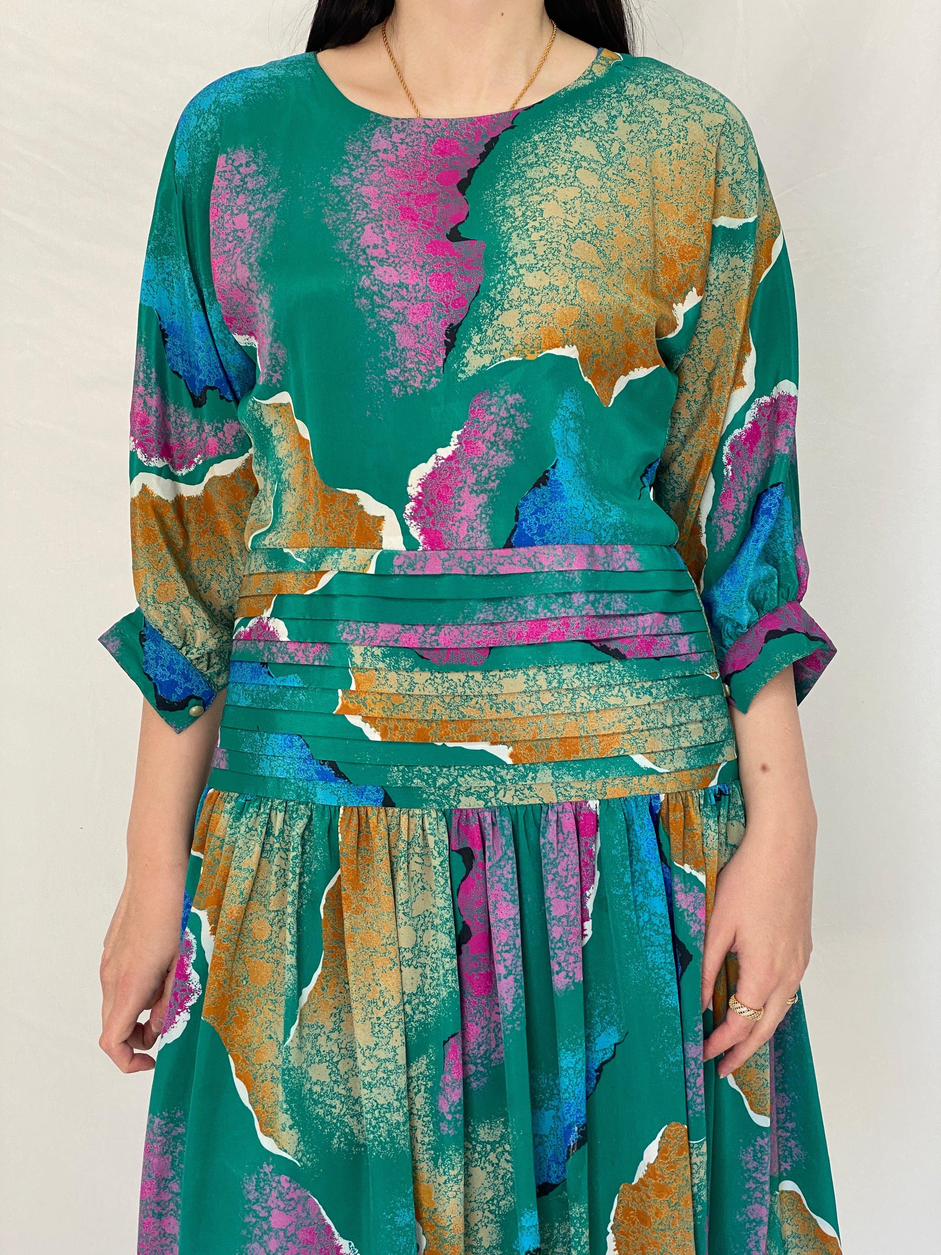 Vintage Silken Green Abstract Print Pleated Waist Midi Dress 80s 90s Statement Dress - M