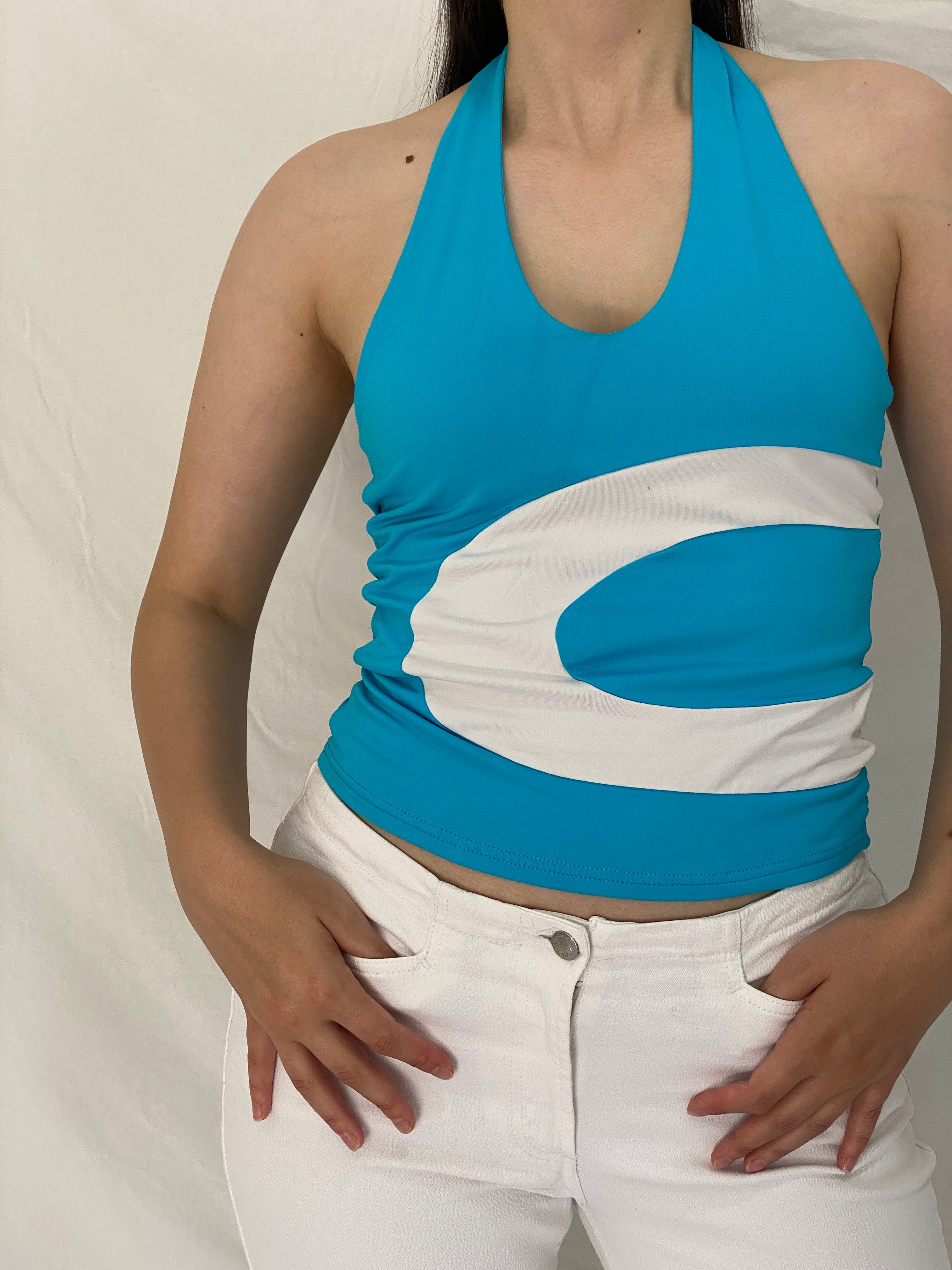 Y2K Turquoise & White Graphic Abstract Swirl Halter Top – M