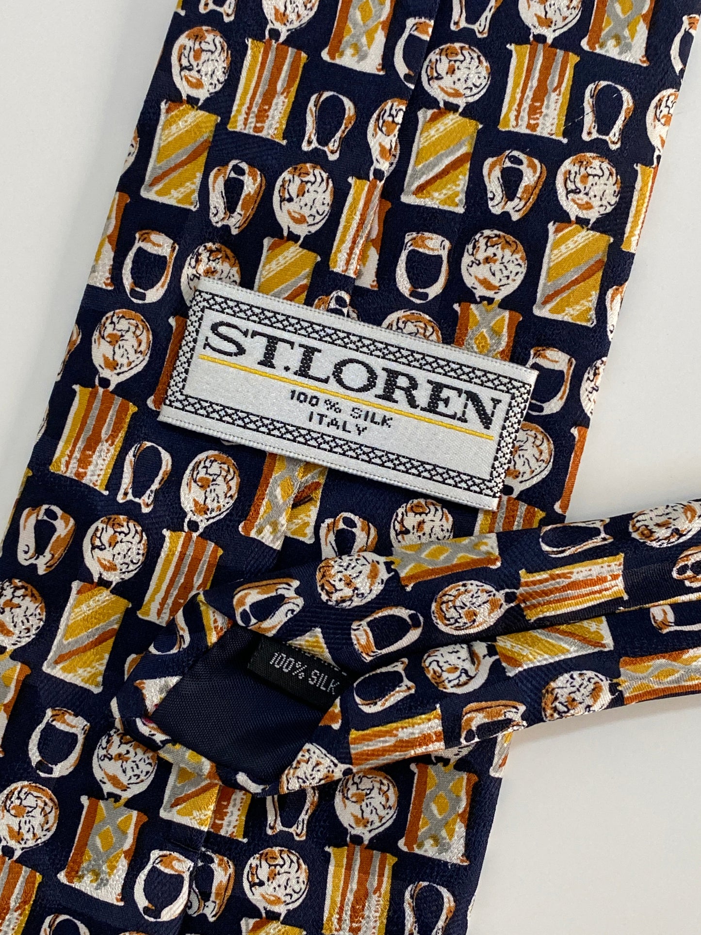 Vintage ST. LOREN Italian Silk Tie - Navy Equestrian / Horse Bit Print Made in Italy