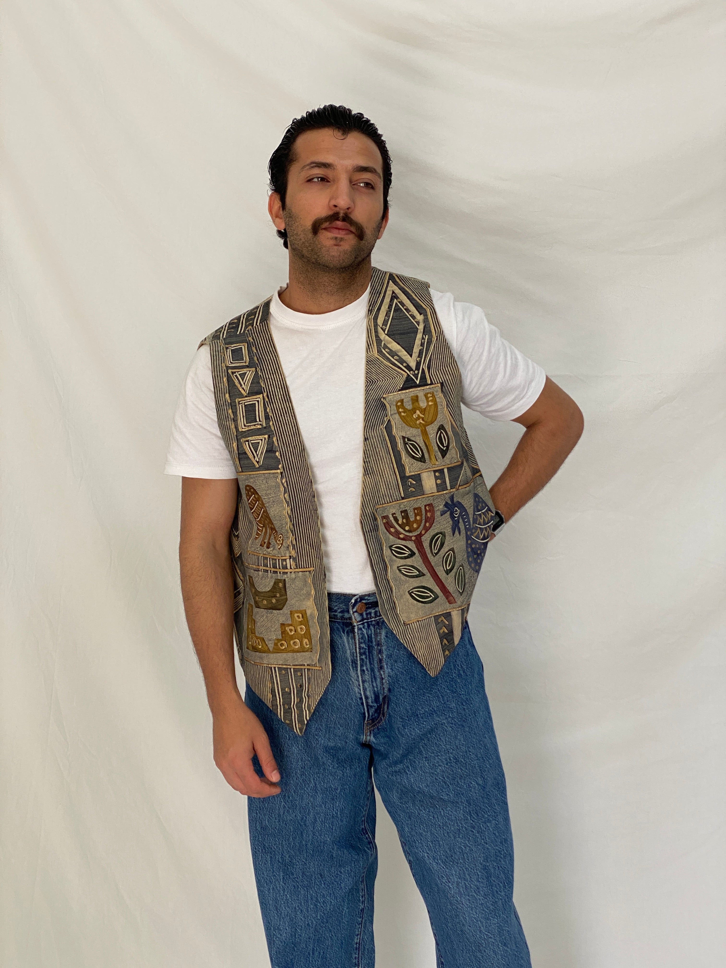 Vintage Africa Cloth Tribal Print Cotton Vest Beige Grey African Art Tapestry Vest - XL