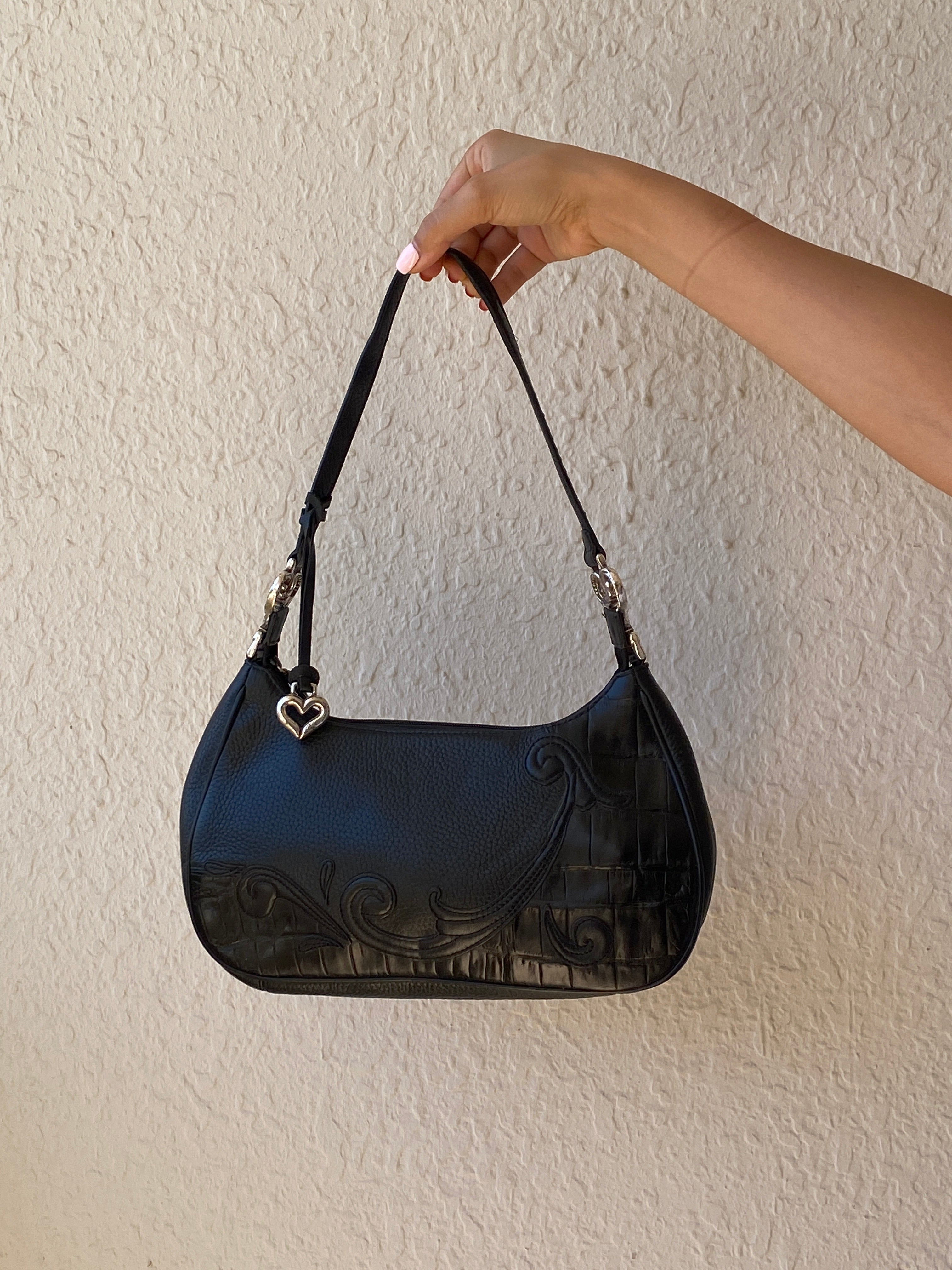 Vintage Y2K Brighton Black Genuine Leather Whimsigoth Shoulder Bag with Heart Charm