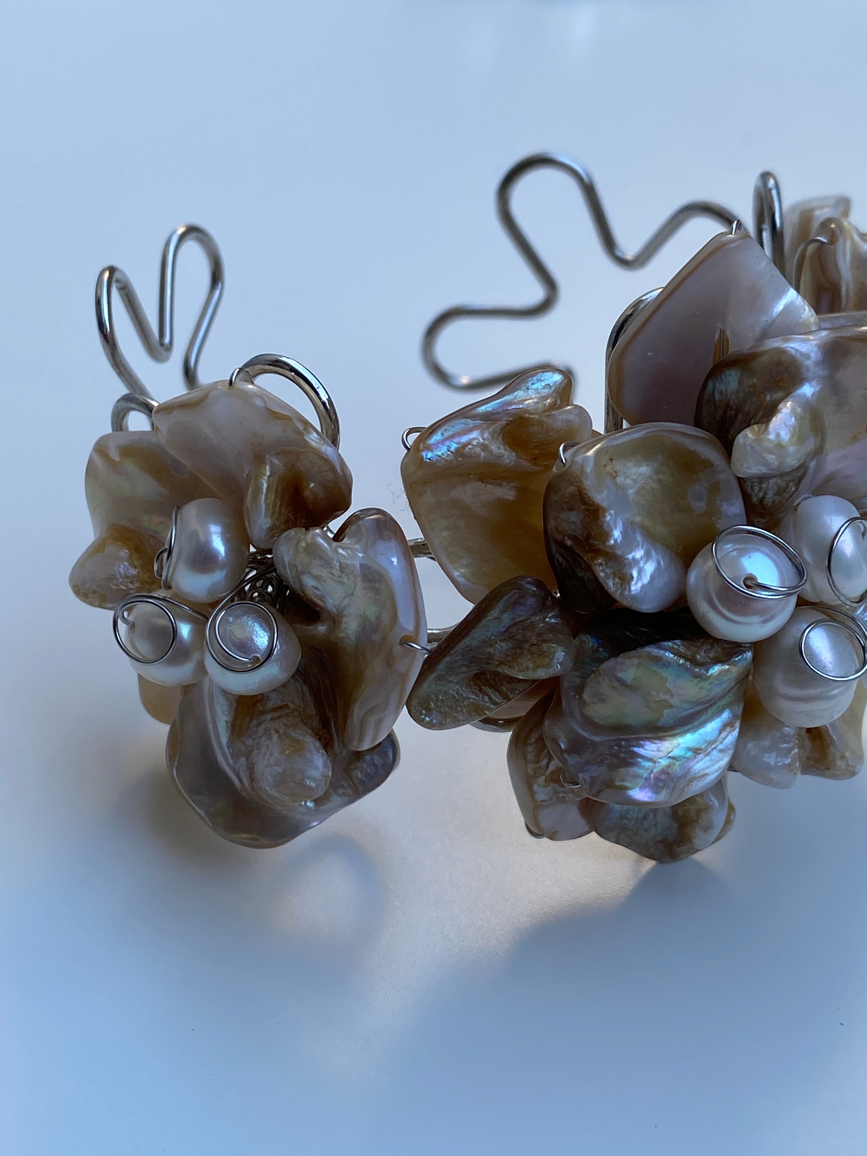 Vintage Mother of Pearl Cluster Cuff Handmade Artisan Shell Bracelet