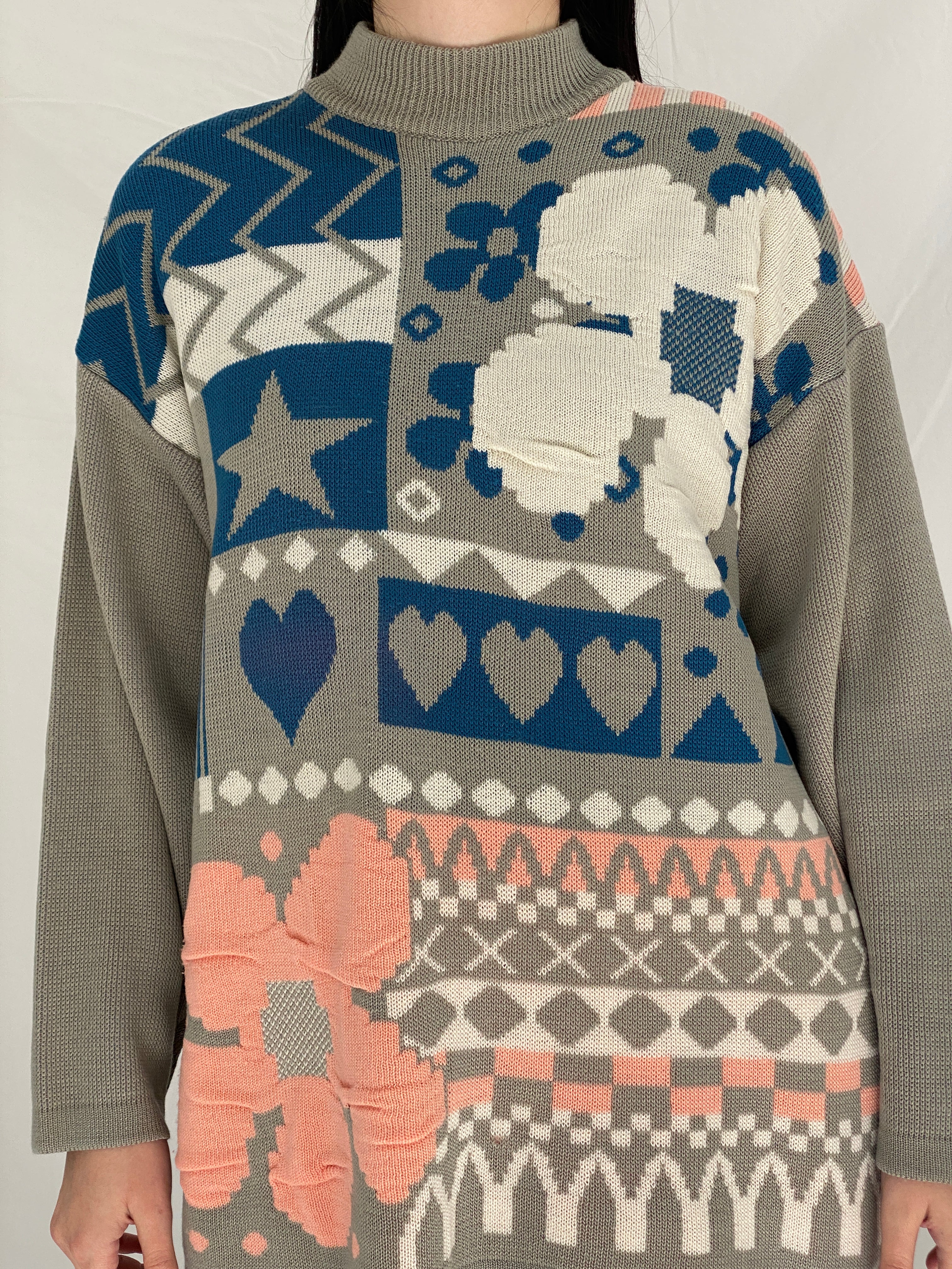 Vintage 90s Elegance EF Gray Knit Floral & Geometric Motifs Sweater - L