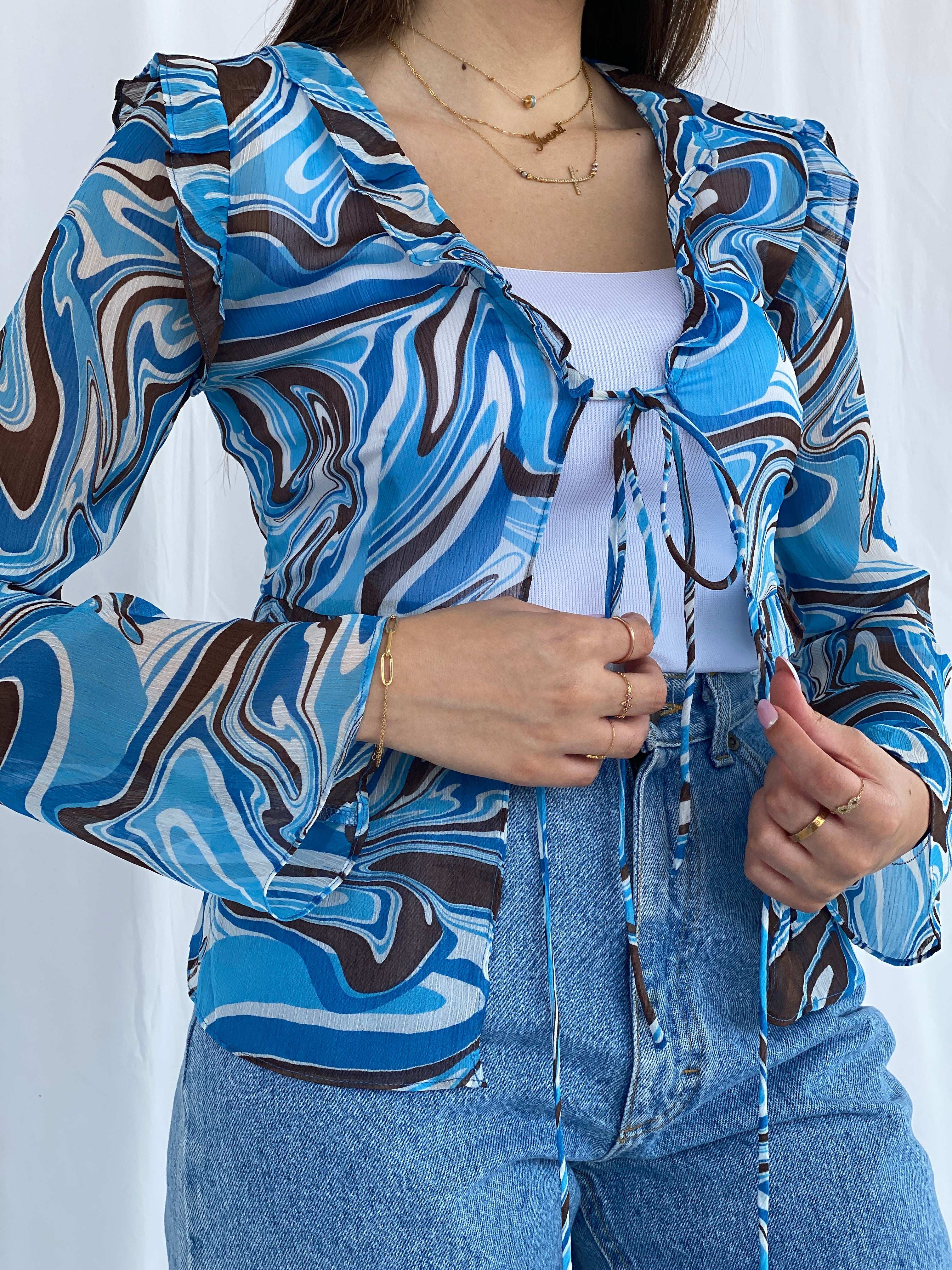 Groovy Blue and Brown Pomelo Sheer Cardigan Size S - Balagan Vintage Cardigan cardigan, full sleeve shirt, groovy, groovy print, groovy shirt, Juana, NEW IN, women skirt