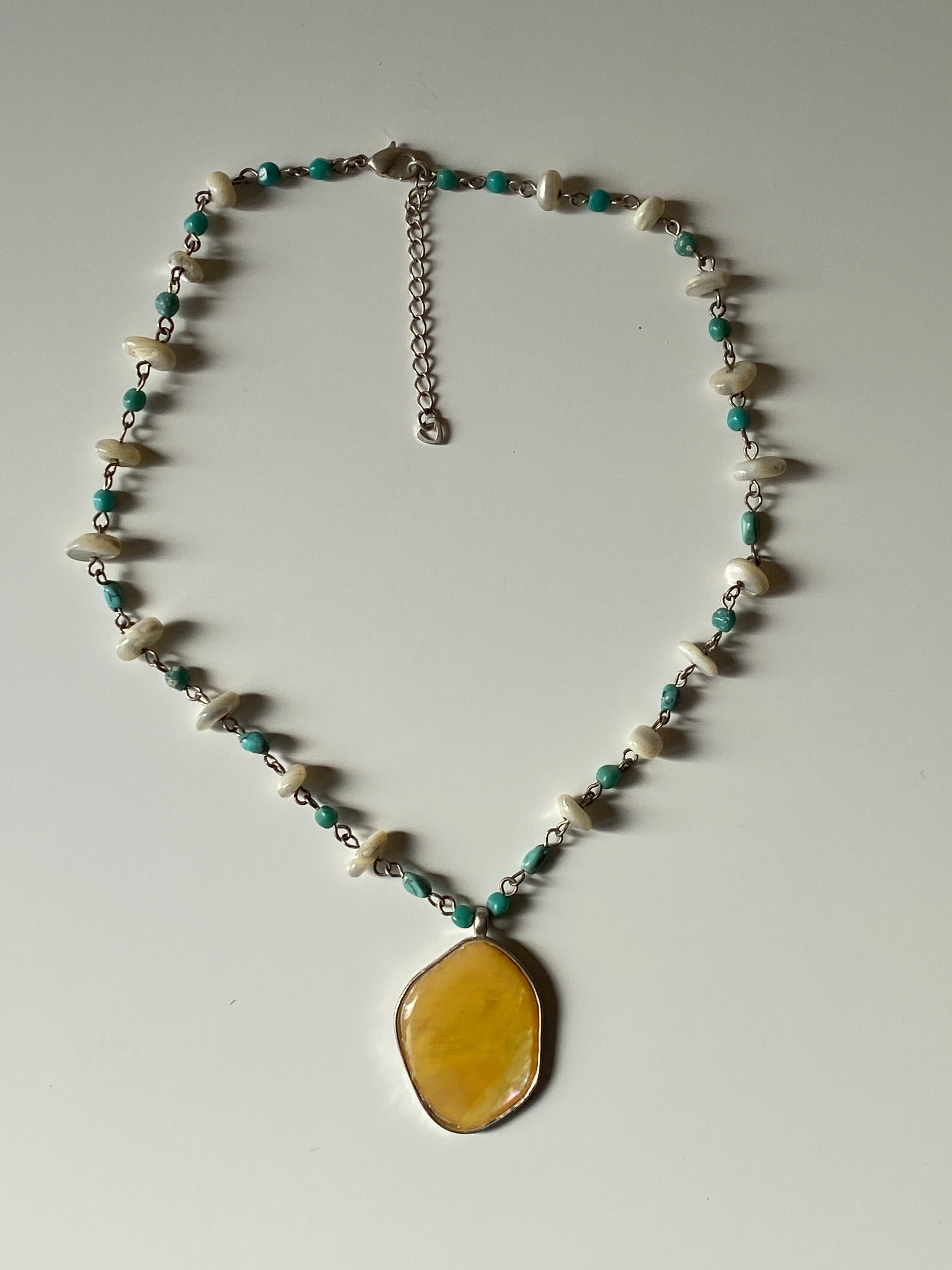 Vintage Yellow Stone Pendant Turquoise Beaded Chain Necklace Boho 90s Artisan Style Jewelry