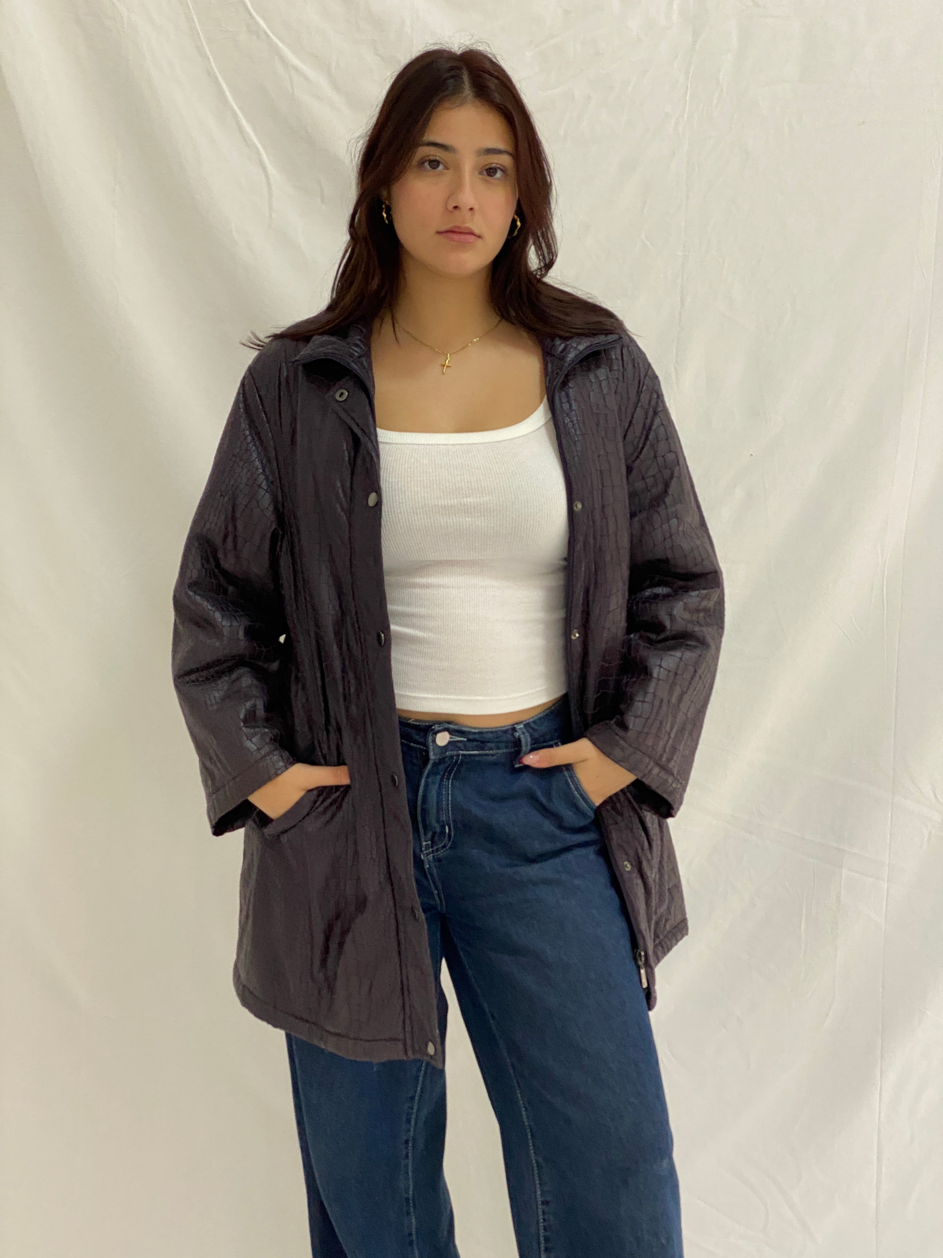 Vintage Purple Croc-Embossed Textured Longline Jacket Button-Up Coat - L