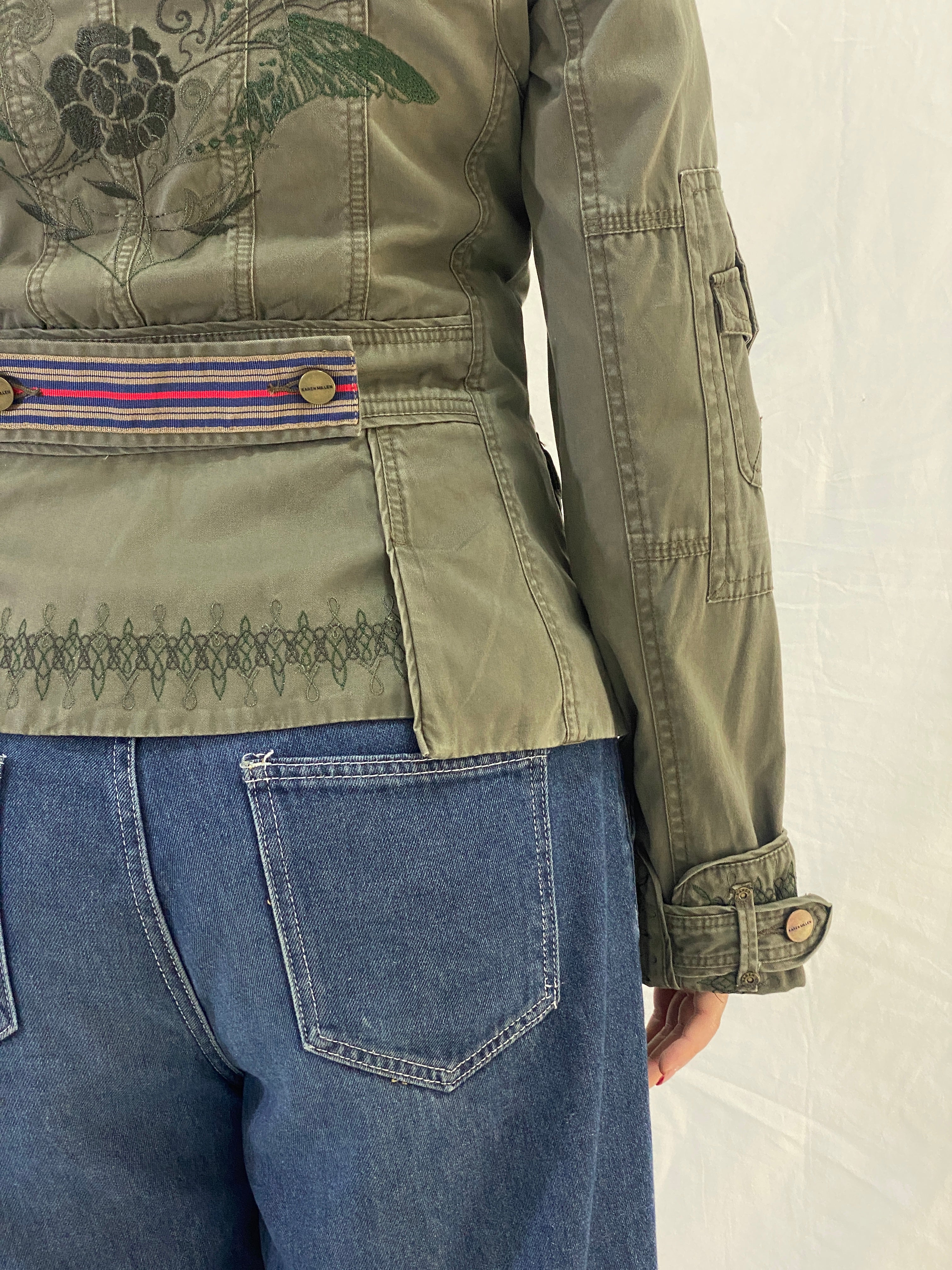Karen Millen Olive Green Military-Style Embroidered Light Jacket - M