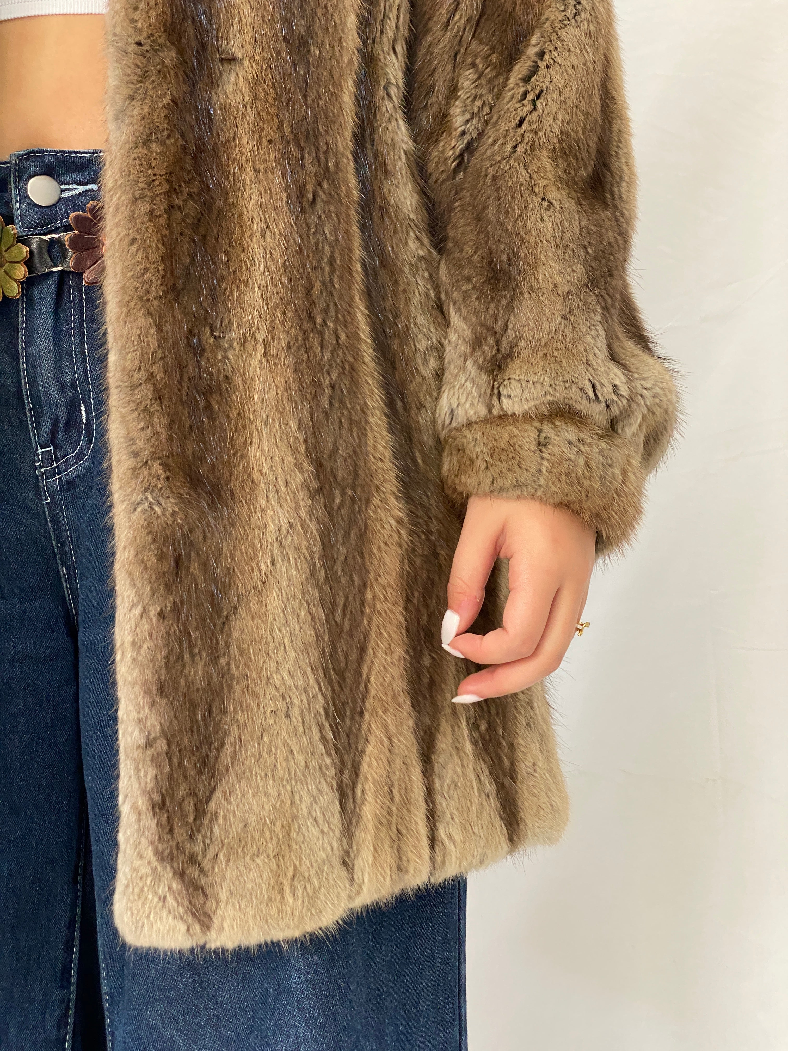 Vintage Natural Brown Mink Fur Coat Classic Mid-Length Luxury Winter Jacket - L