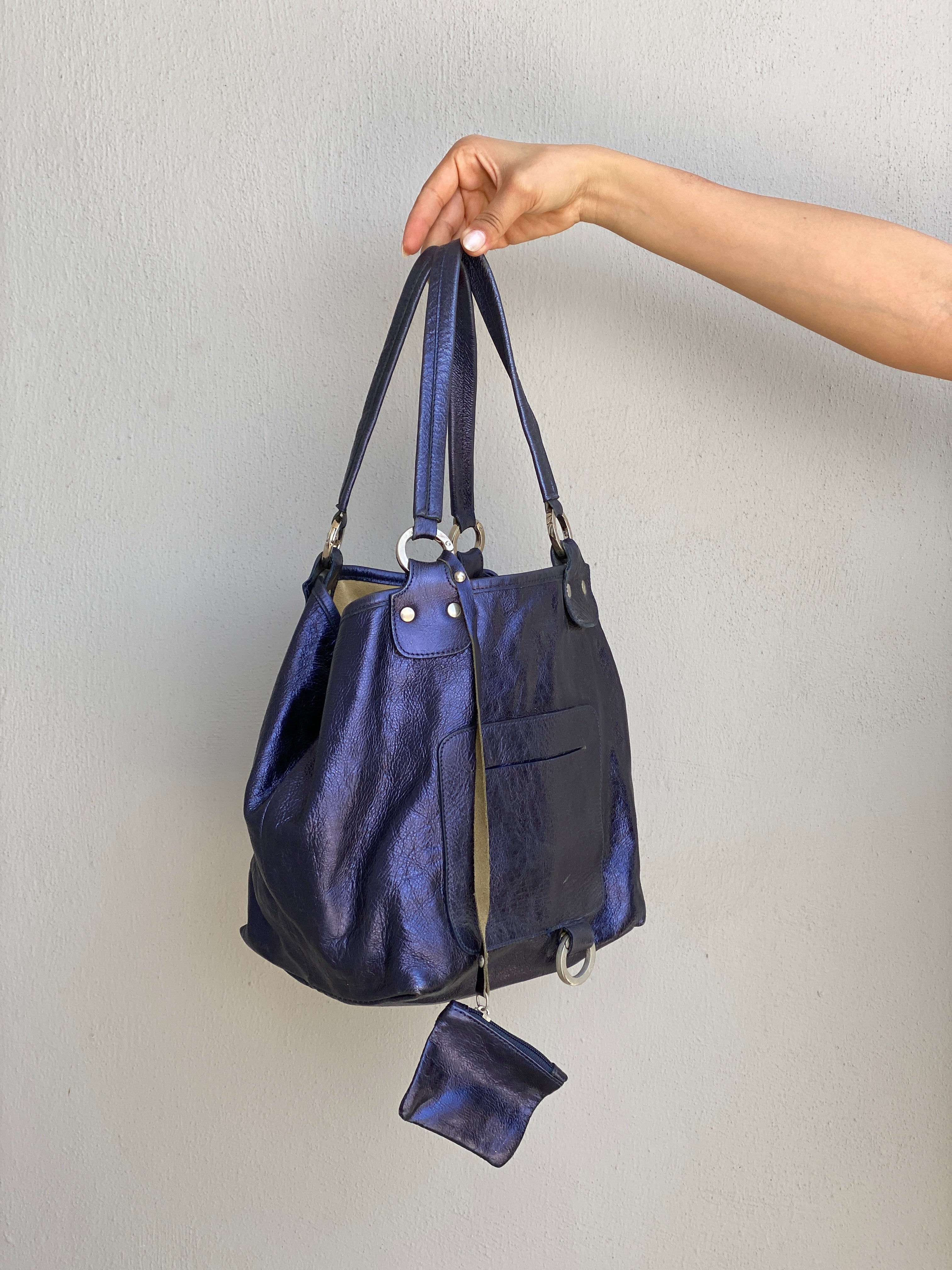 Vintage Y2K Metallic Blue Genuine Leather Slouchy Shoulder Bag