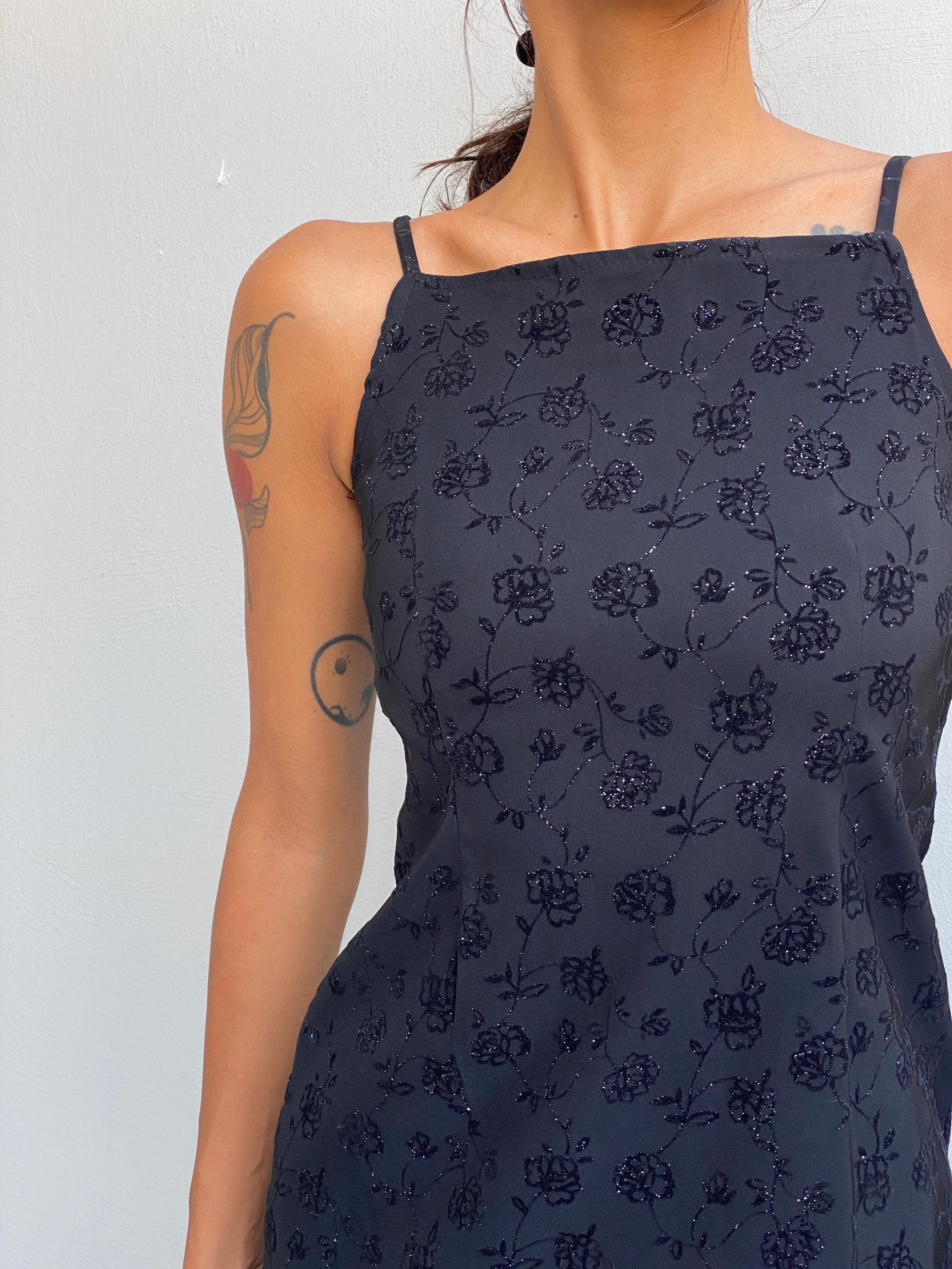 Vintage 90s Limited Too Black Floral Glitter Mini Dress - S