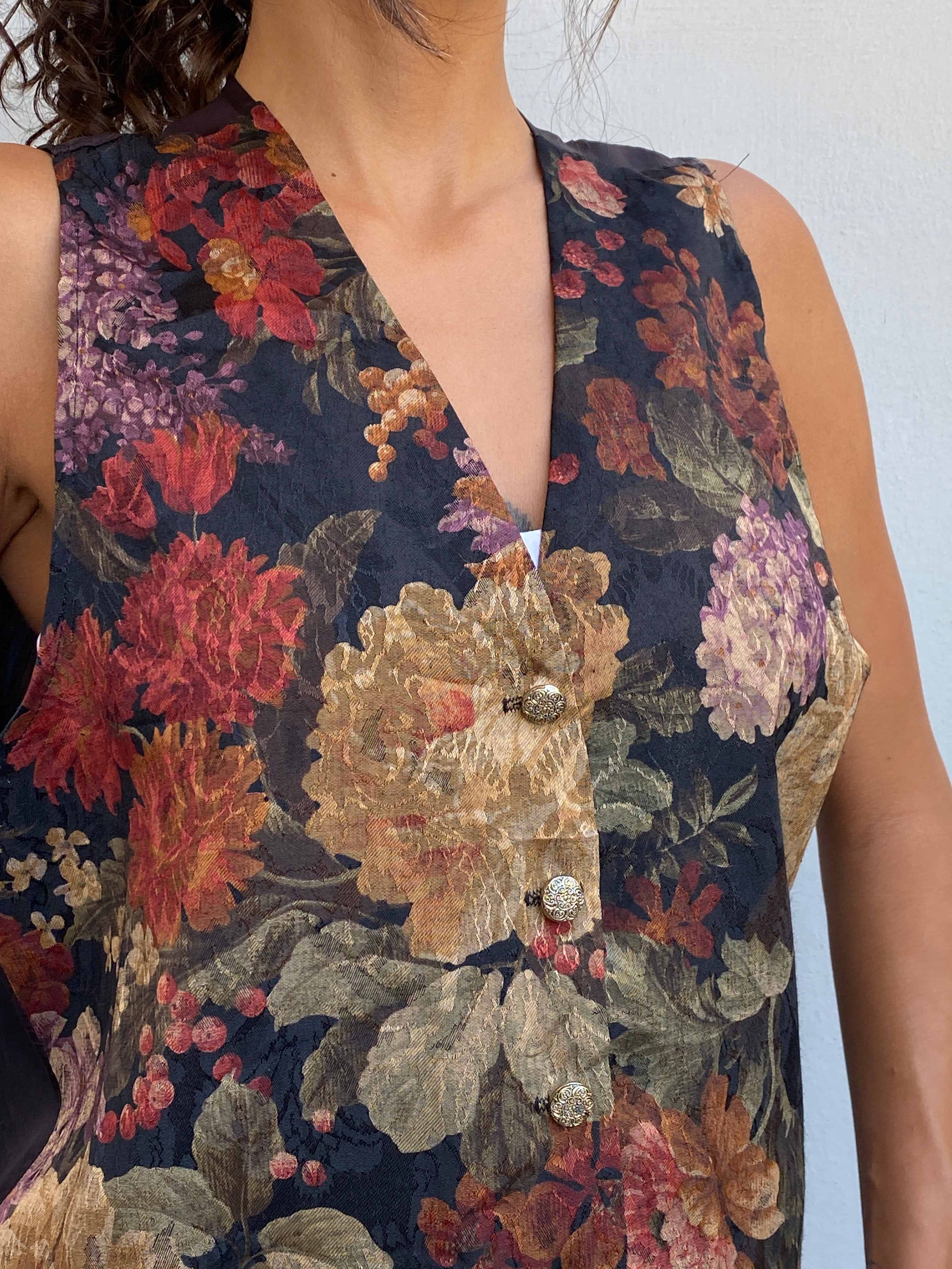 Vintage 90s Ardmore Black Floral Waistcoat Rayon Button-Front Vest – L
