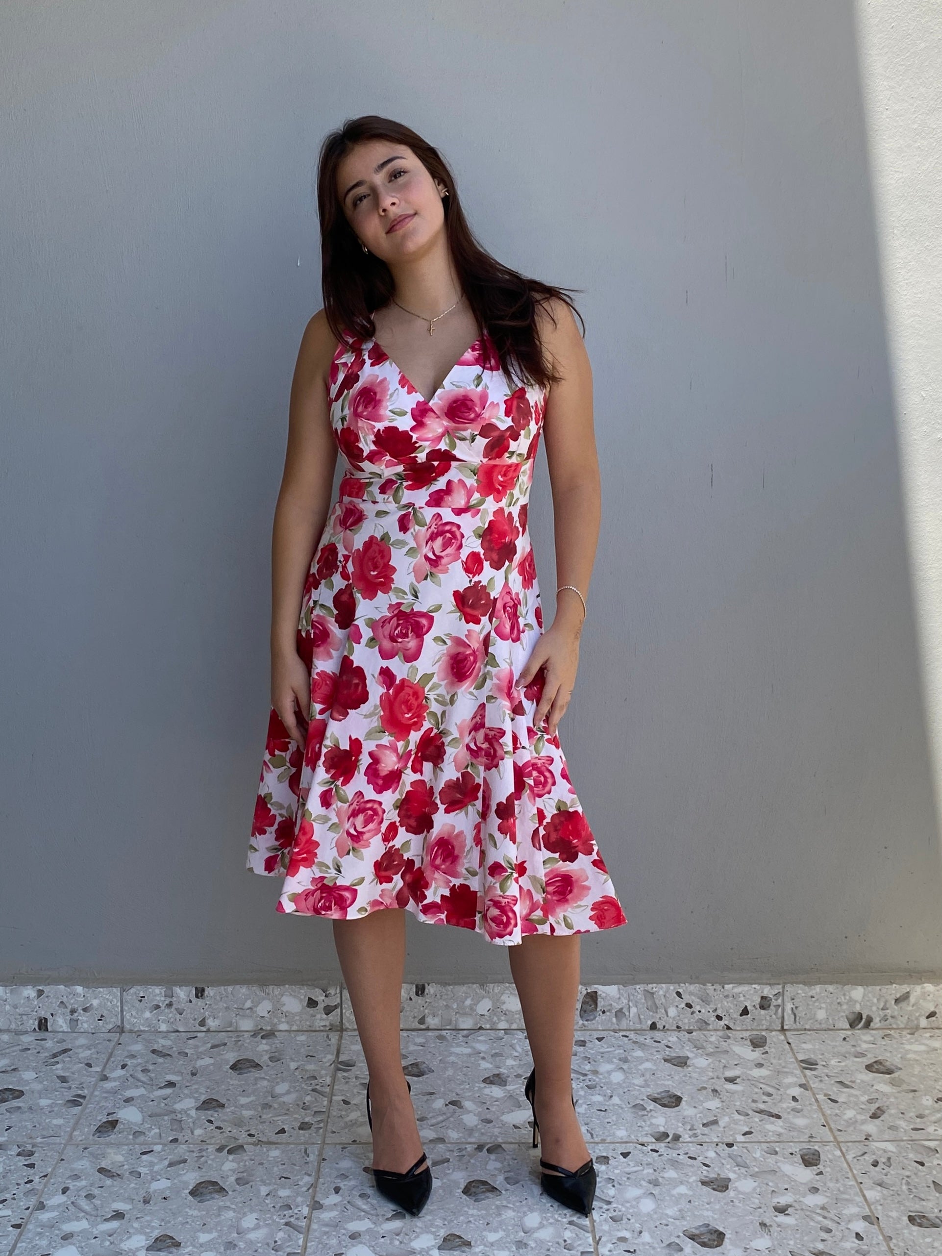 Vintage Talbots Petites White & Pink Cotton Rose Floral Halter Midi Dress – M