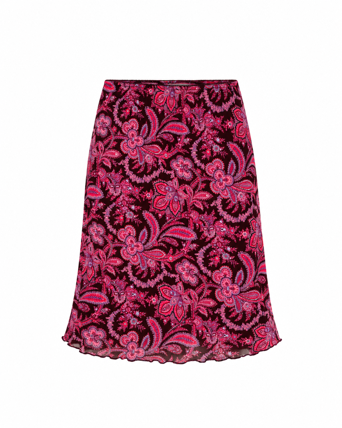Vintage 90s Burgundy Brown & Pink Paisley Print Flowy Midi Skirt – L
