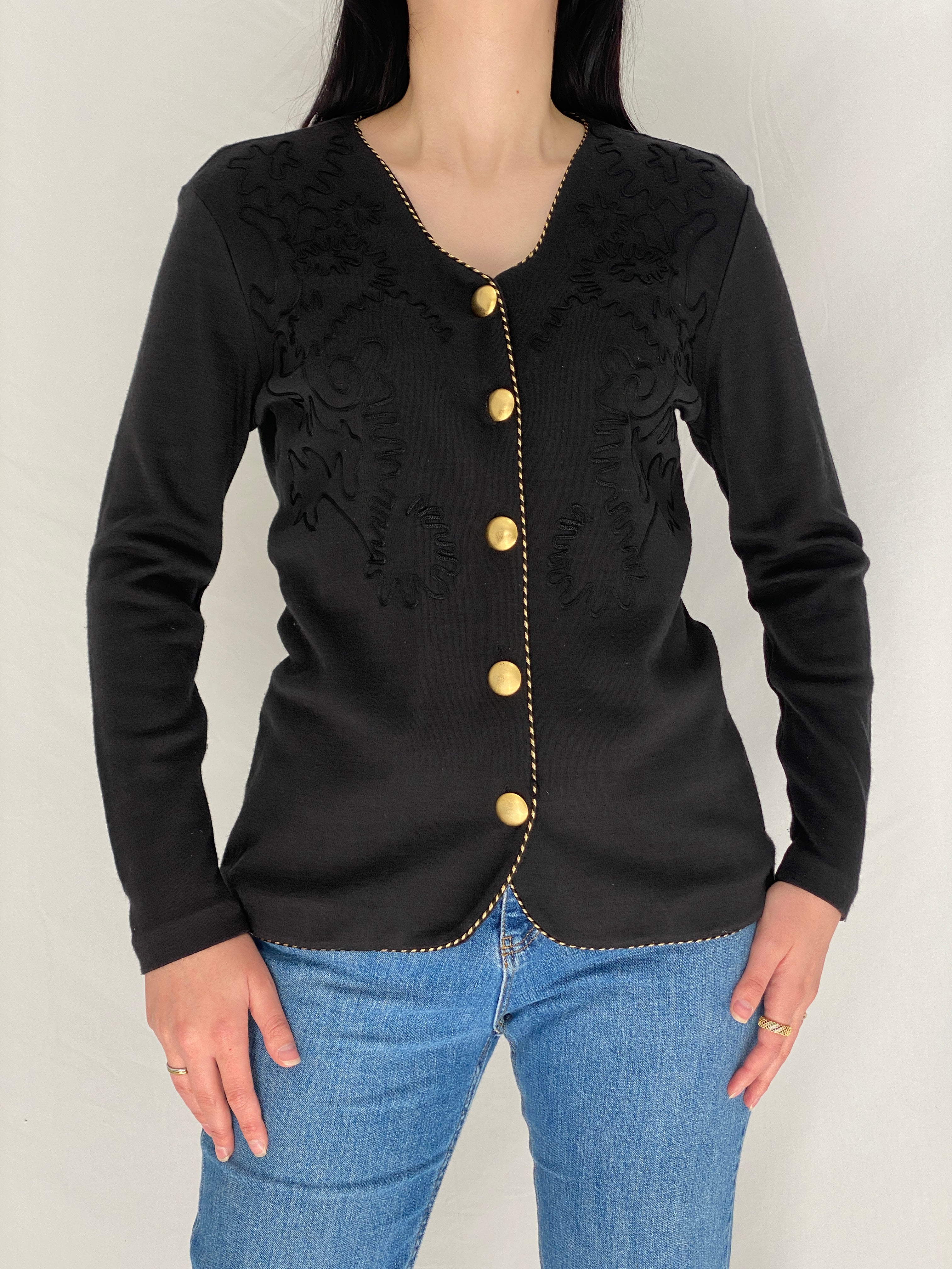 Vintage Liz Claiborne Embroidered Gold Button Black Cardigan - M