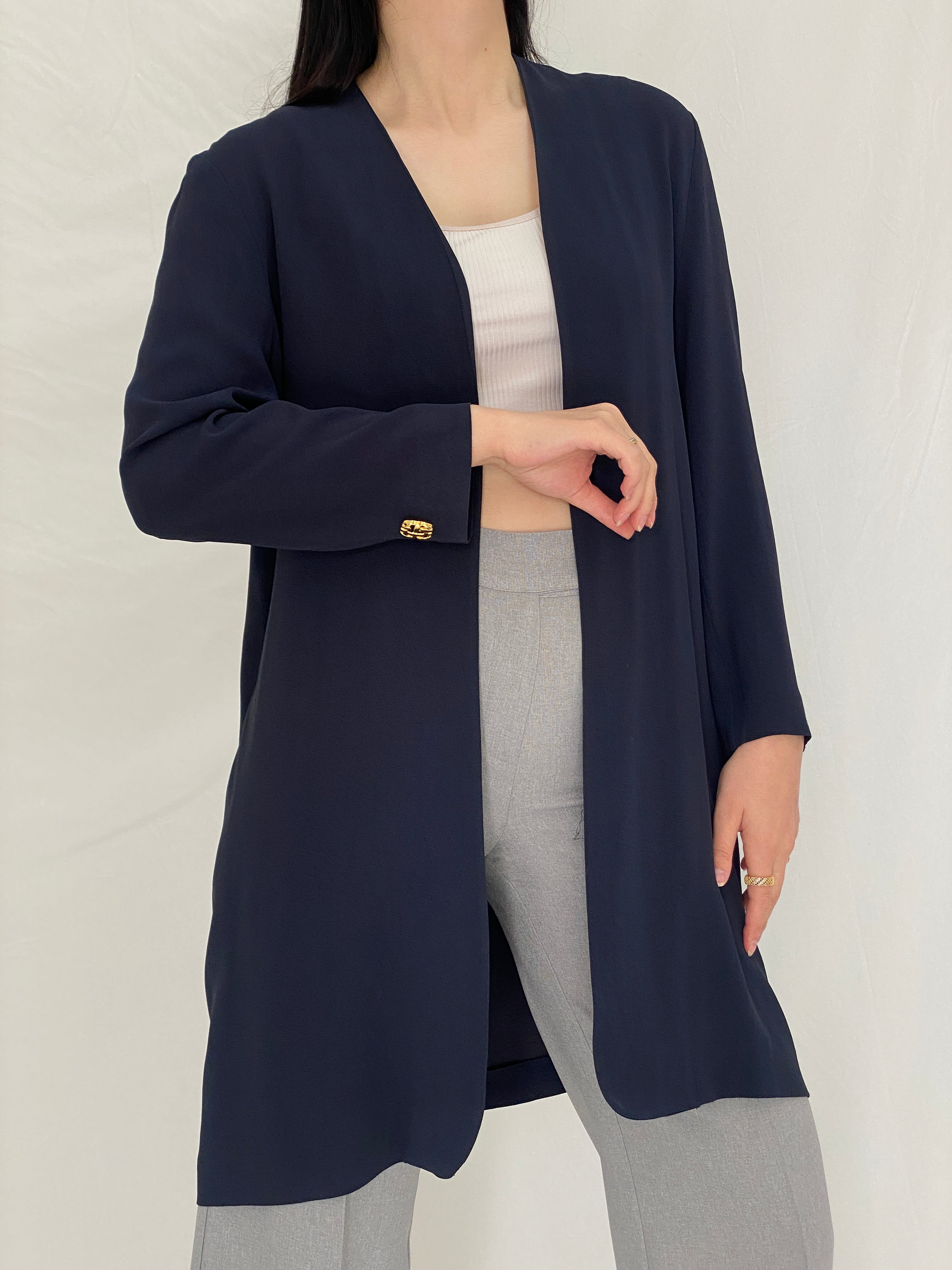 Vintage Donna Moda Navy Longline Minimalist Cardigan with Gold Buttons - L