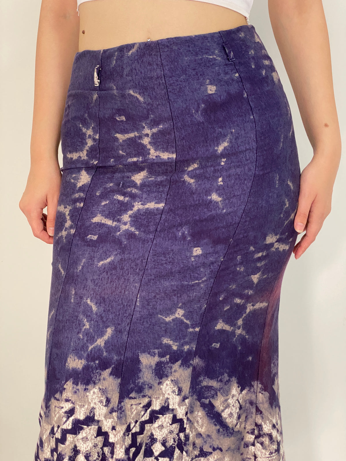 Vintage Fashionway Navy Blue Tie-Dye Geometric Flared Maxi Skirt – M