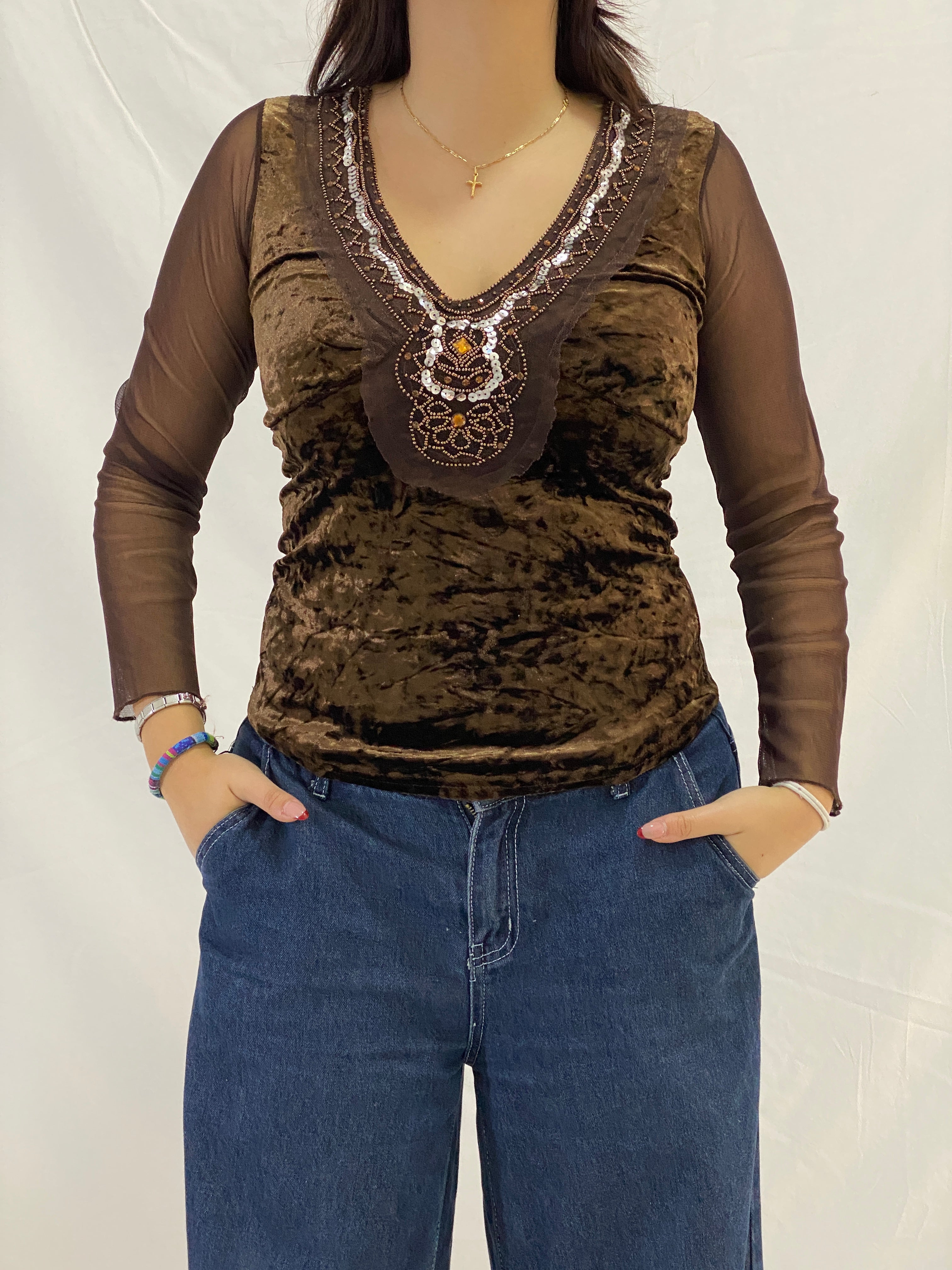 Vintage Brown Beaded Velvet Whimsy Top with Mesh Sleeves – S