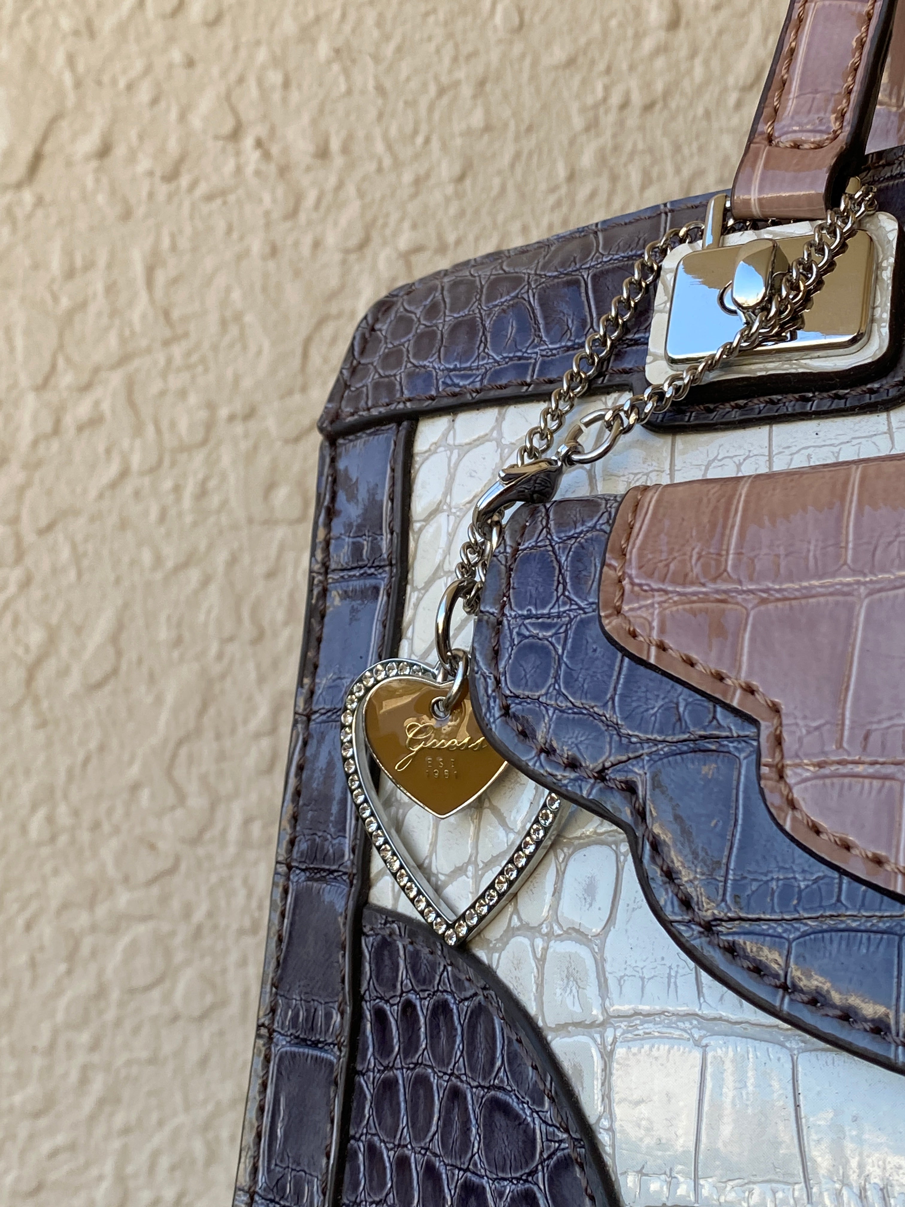 GUESS Croc-Embossed Tri-Color Satchel Handbag with Crossbody Strap