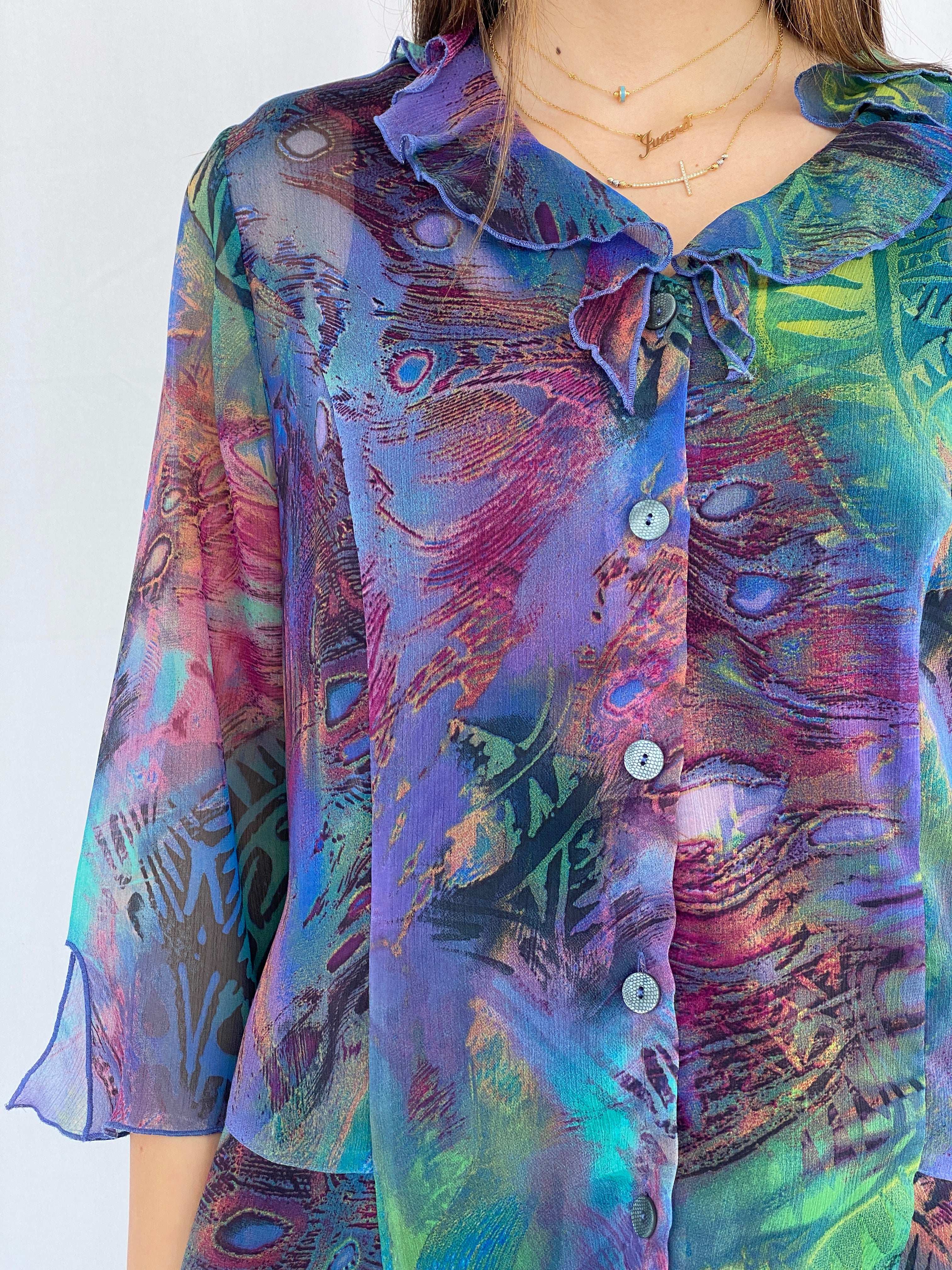 Vintage Lisa Chesnay Printed Sheer Shirt - Size XL