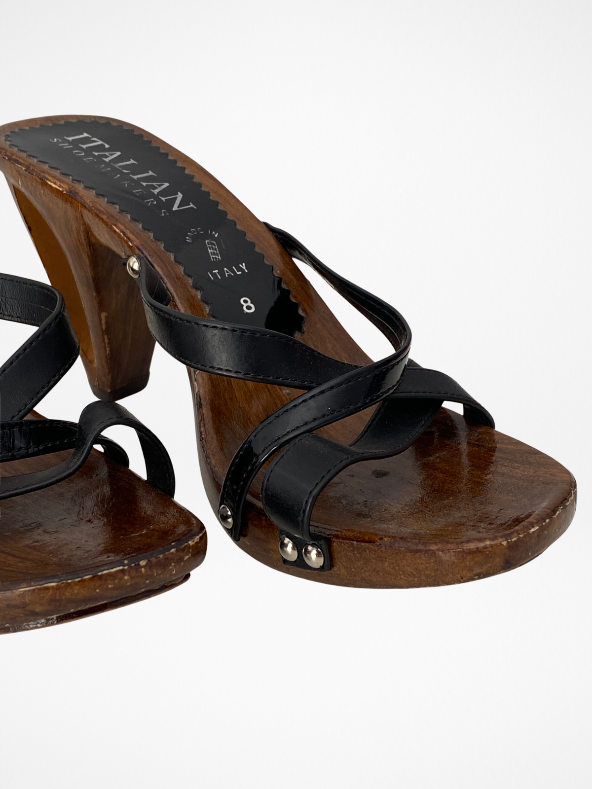 Vintage Y2K Italian Shoemakers Made in Italy Black Strappy Wooden Clog Heels - 39 EU