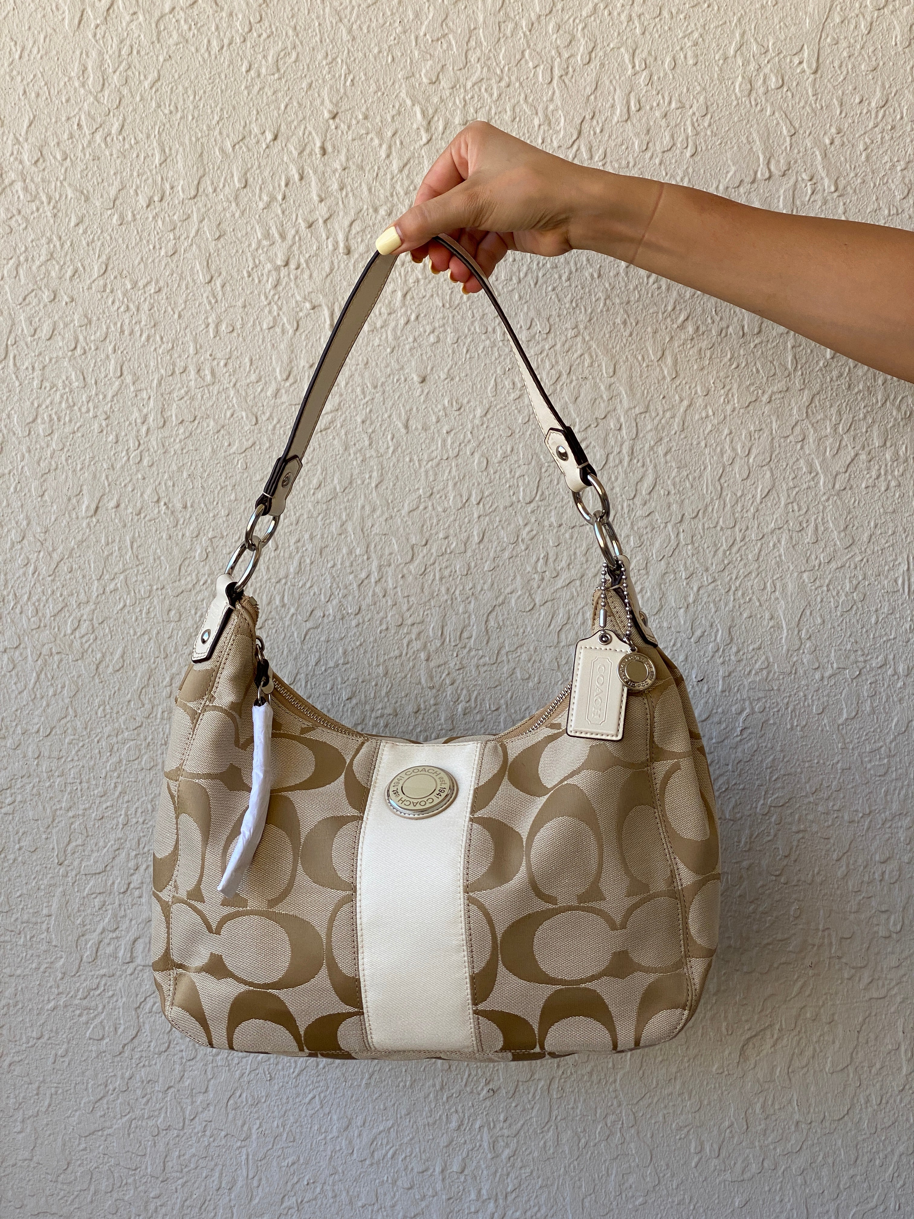 Brand New Coach Signature C Beige Jacquard Canvas Monogram White Stripe Convertible Hobo Shoulder Bag - F19281
