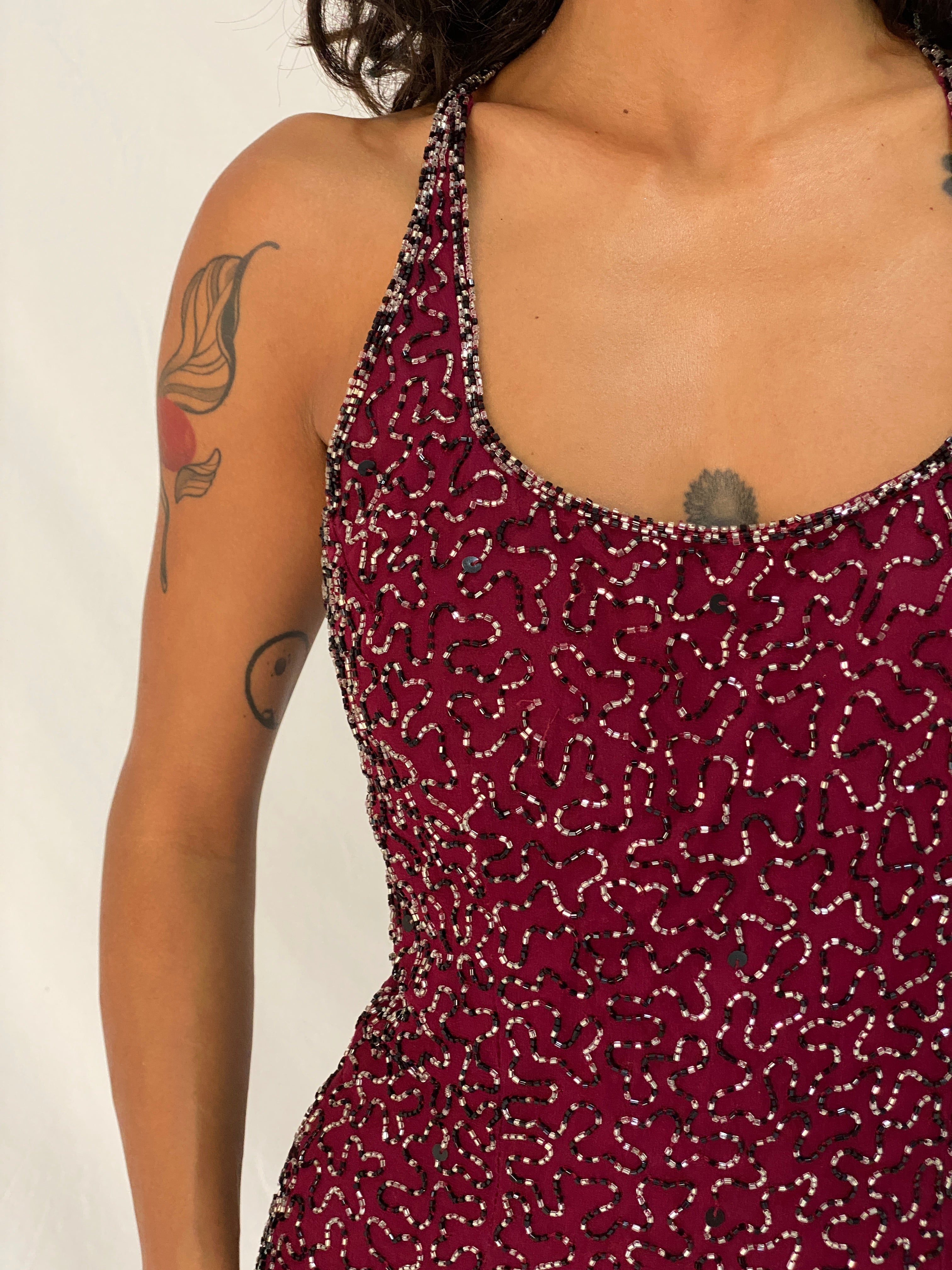 Vintage Romy Scala Burgundy 100% Silk Beaded Cross-Back Maxi Dress – M
