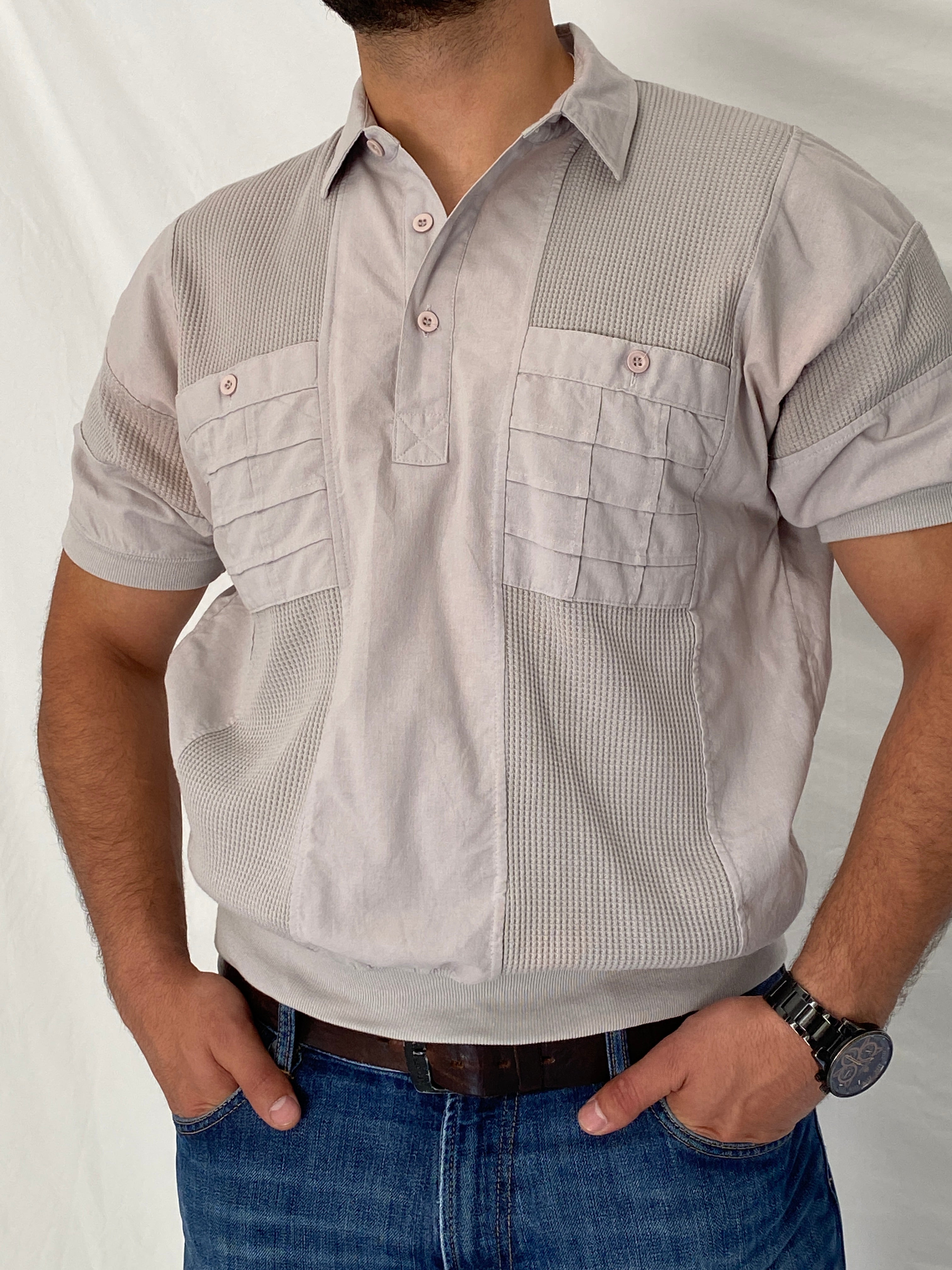 Vintage 90s Alexxus Exclusive Gray Top Textured Panel Polo Shirt – L