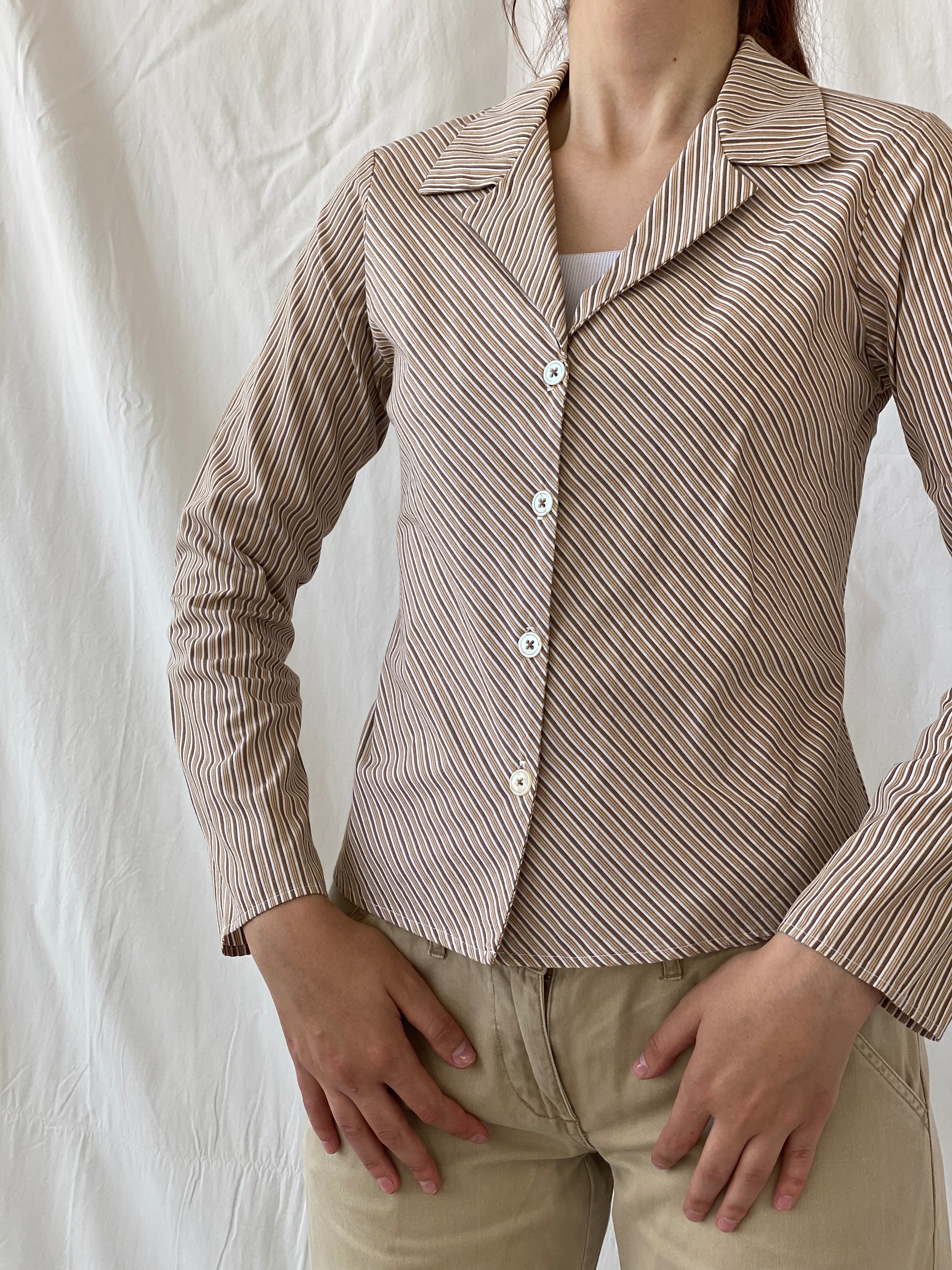 Y2K Rampage Striped Beige Long Sleeve Office Women’s Cotton Shirt - M