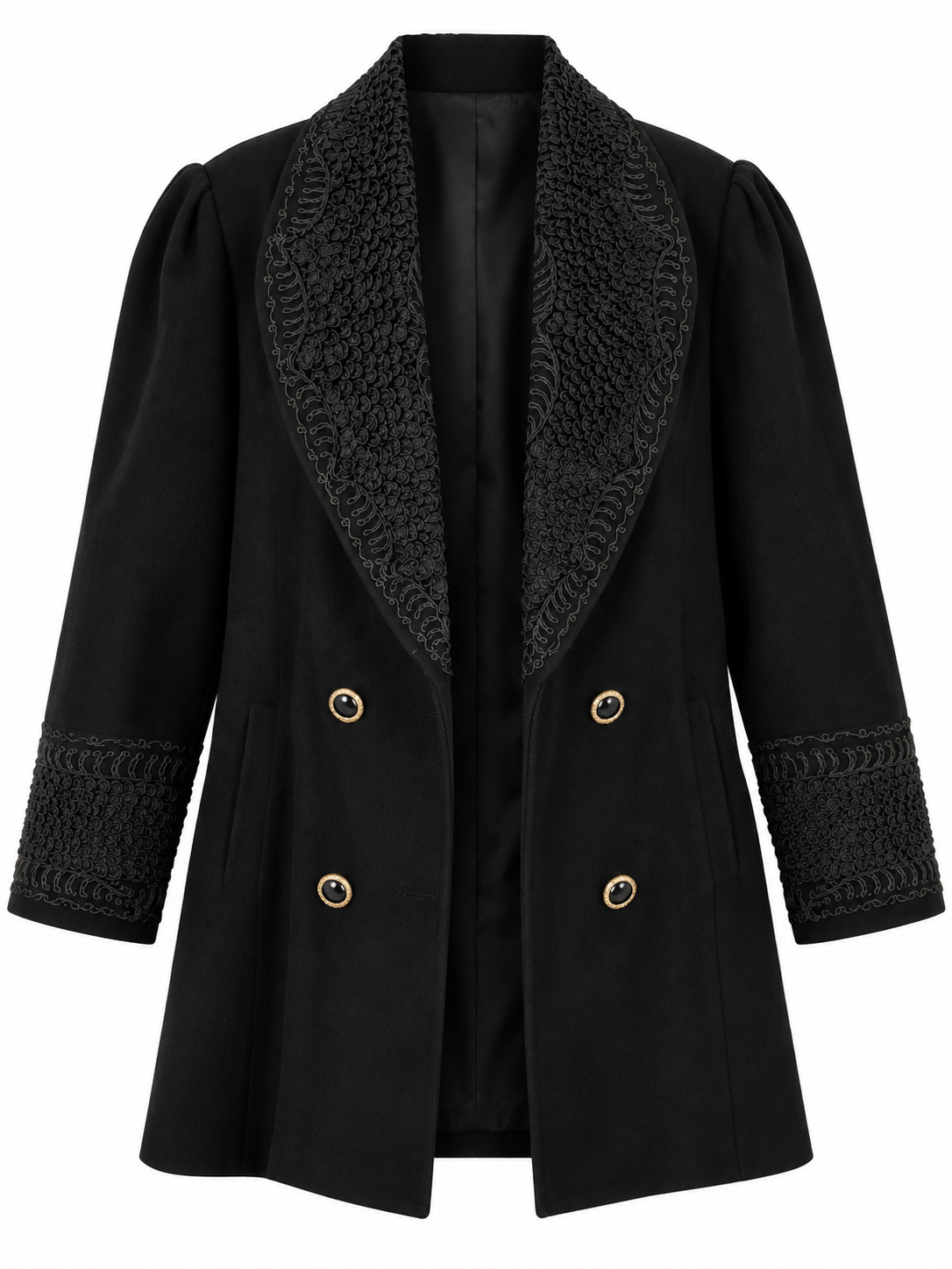 Vintage Black Embroidered Elegant Tailored Long Blazer Coat with Textured Lapel – L