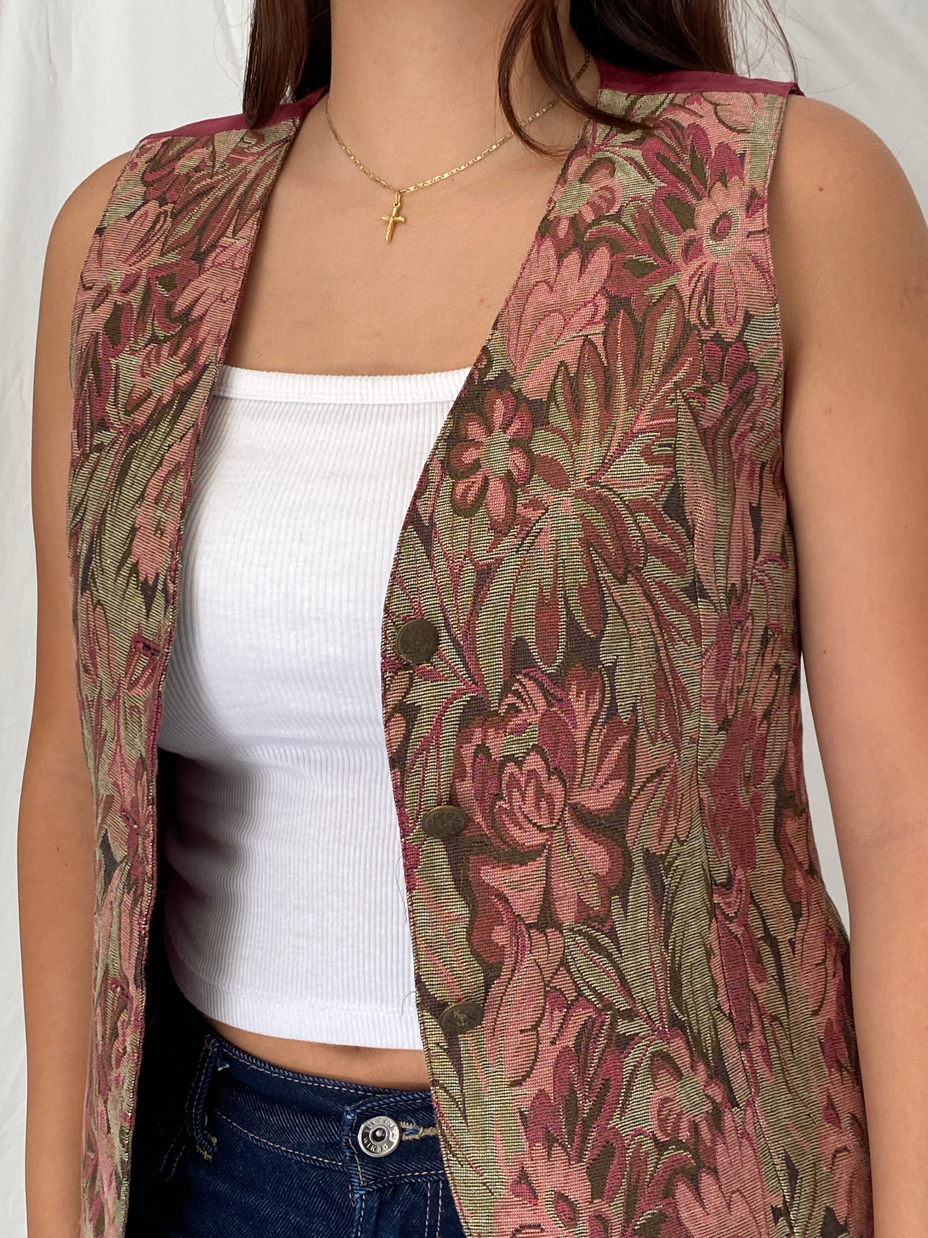 Vintage The Limited Floral Tapestry Vest Pink Button Front Waistcoat – S