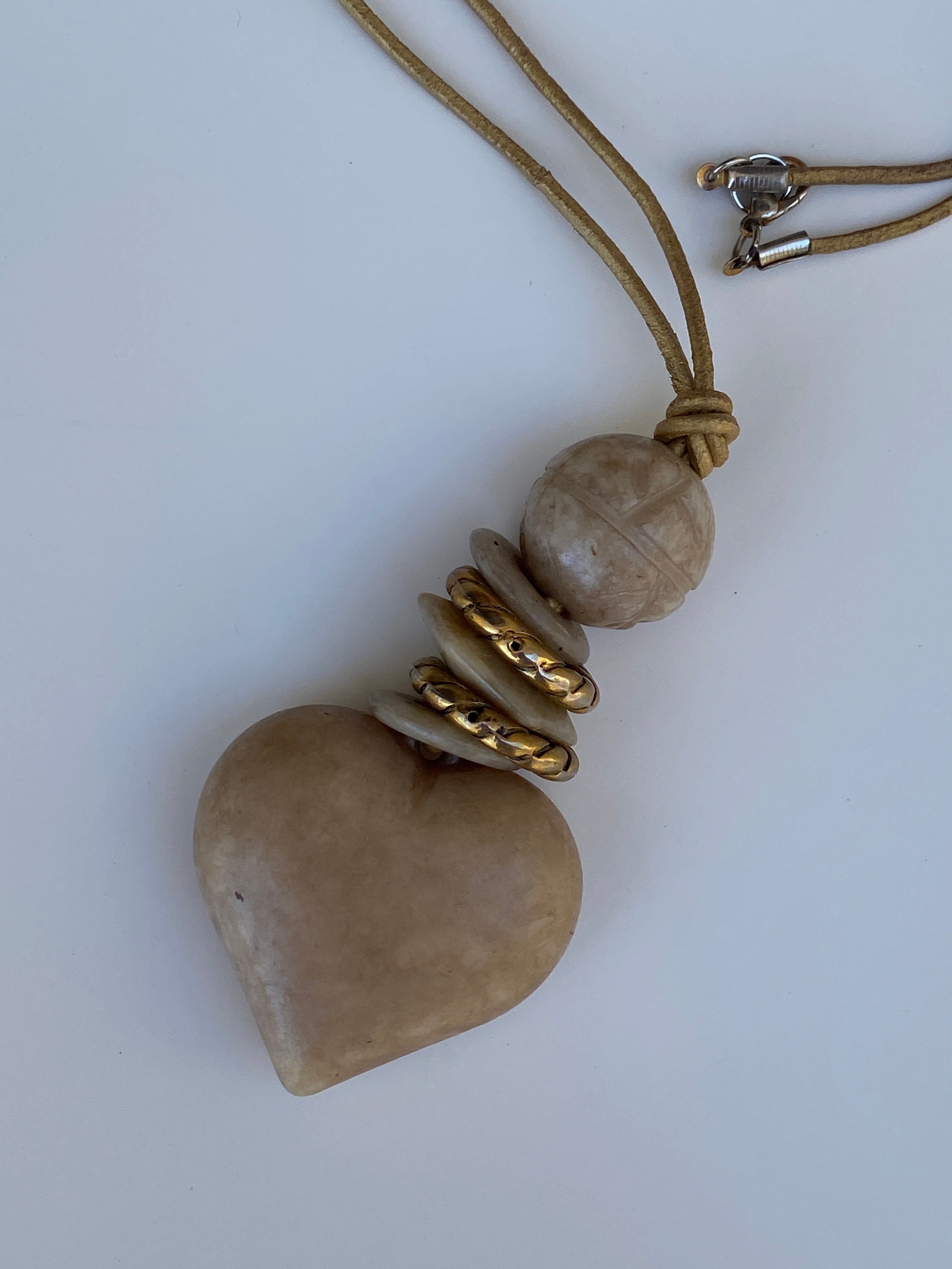 Vintage Artisan Heart Pendant Long Cord Beige Natural Stone Necklace