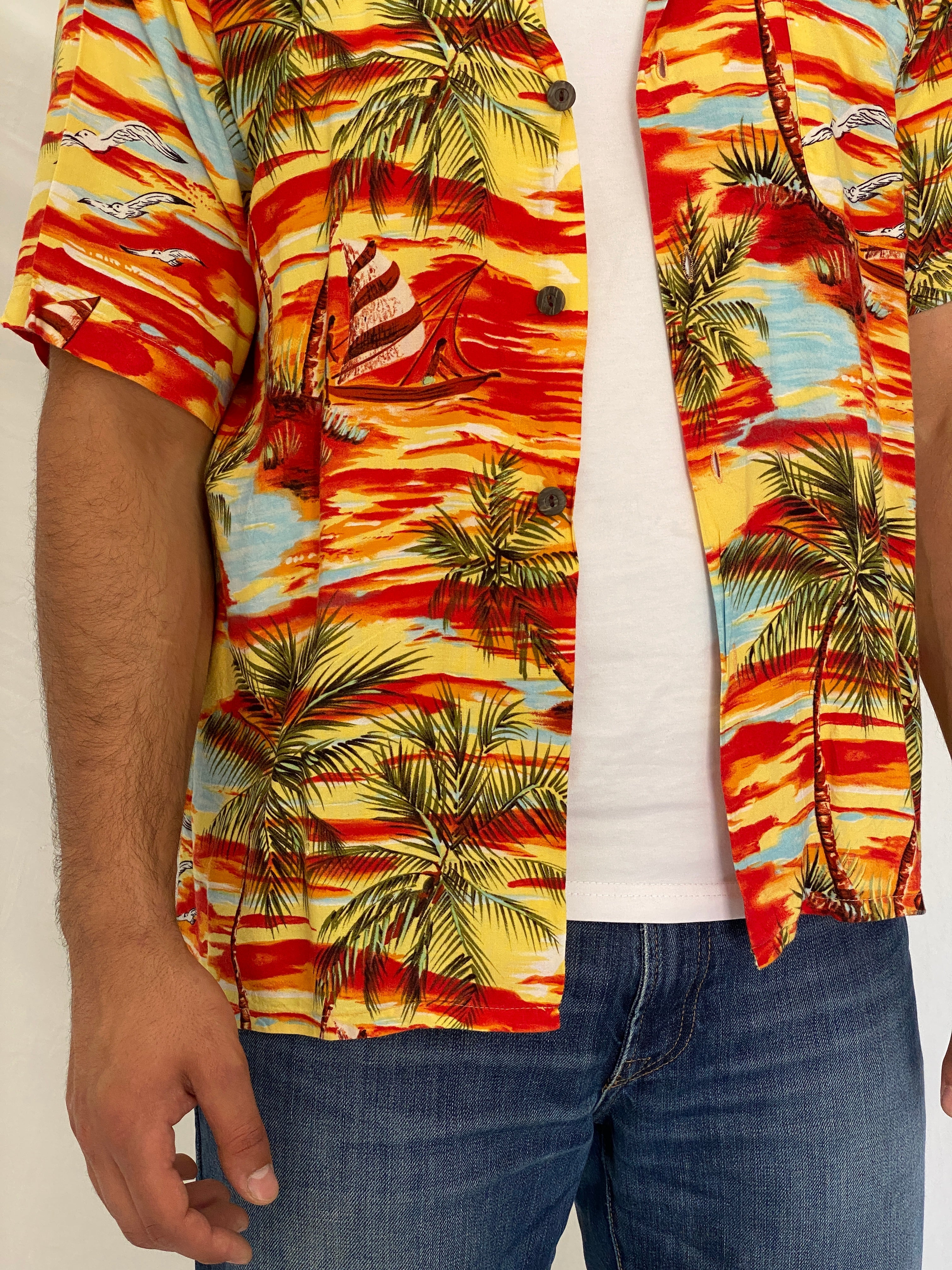 Vintage Ocean Current Originals Tropical Sunset Hawaiian Rayon Shirt - L