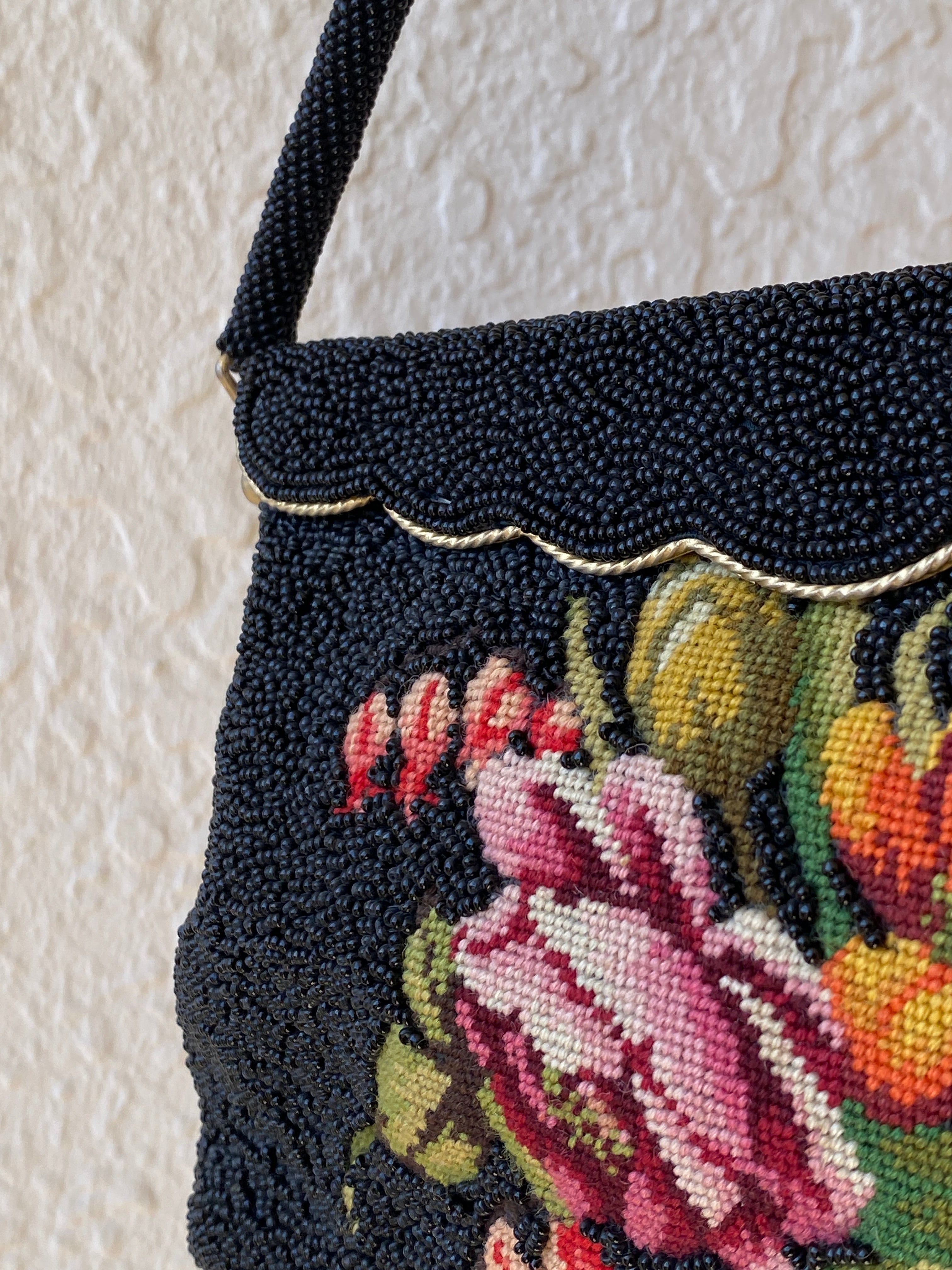 Vintage 1950s Black Micro Beaded Tapestry Floral Evening Bag – Gold Frame Mini Handbag