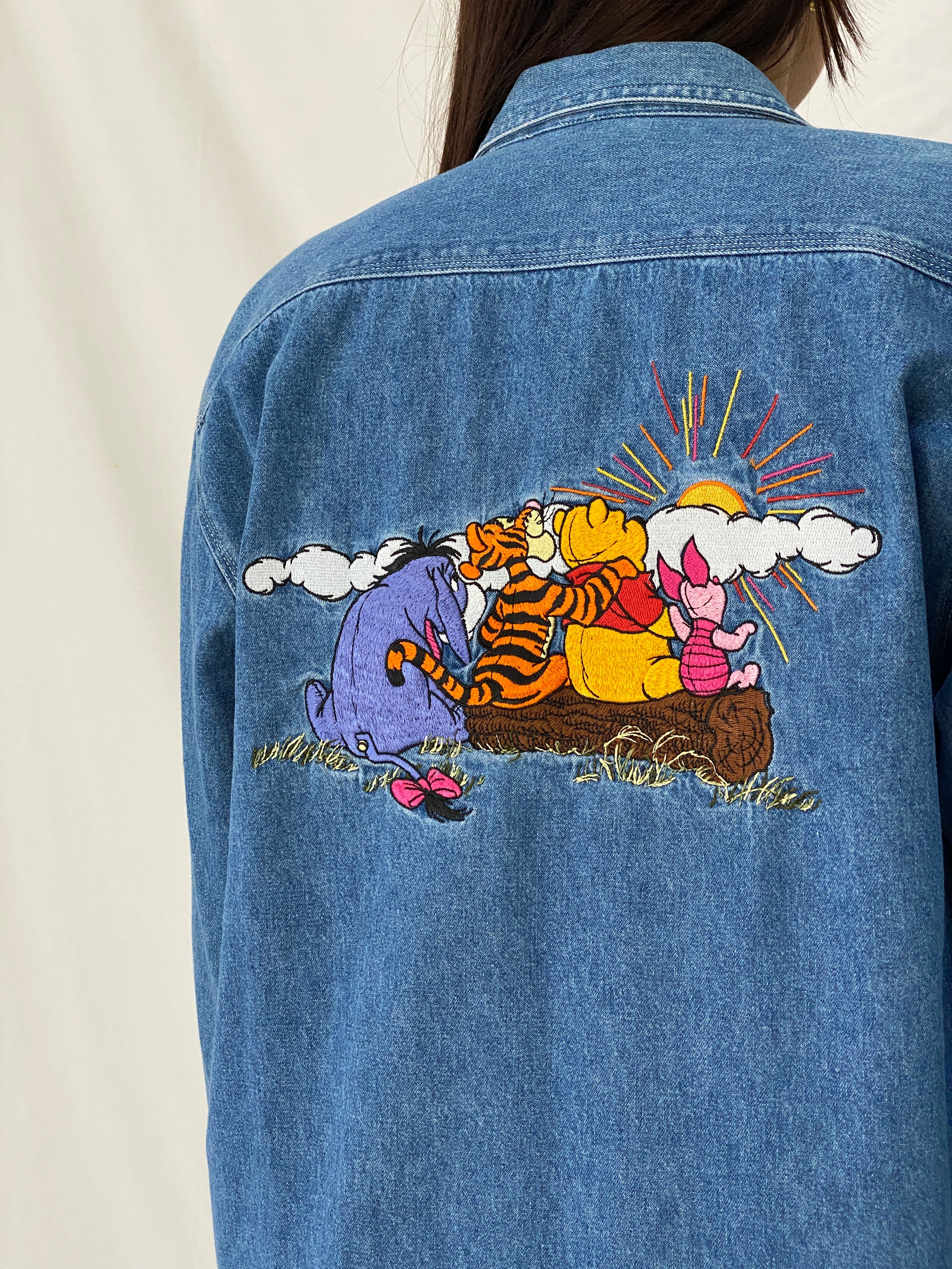 Vintage Disney Store Oversized Denim Shirt Embroidered Sun Cloud Patch Button Up Shirt - S