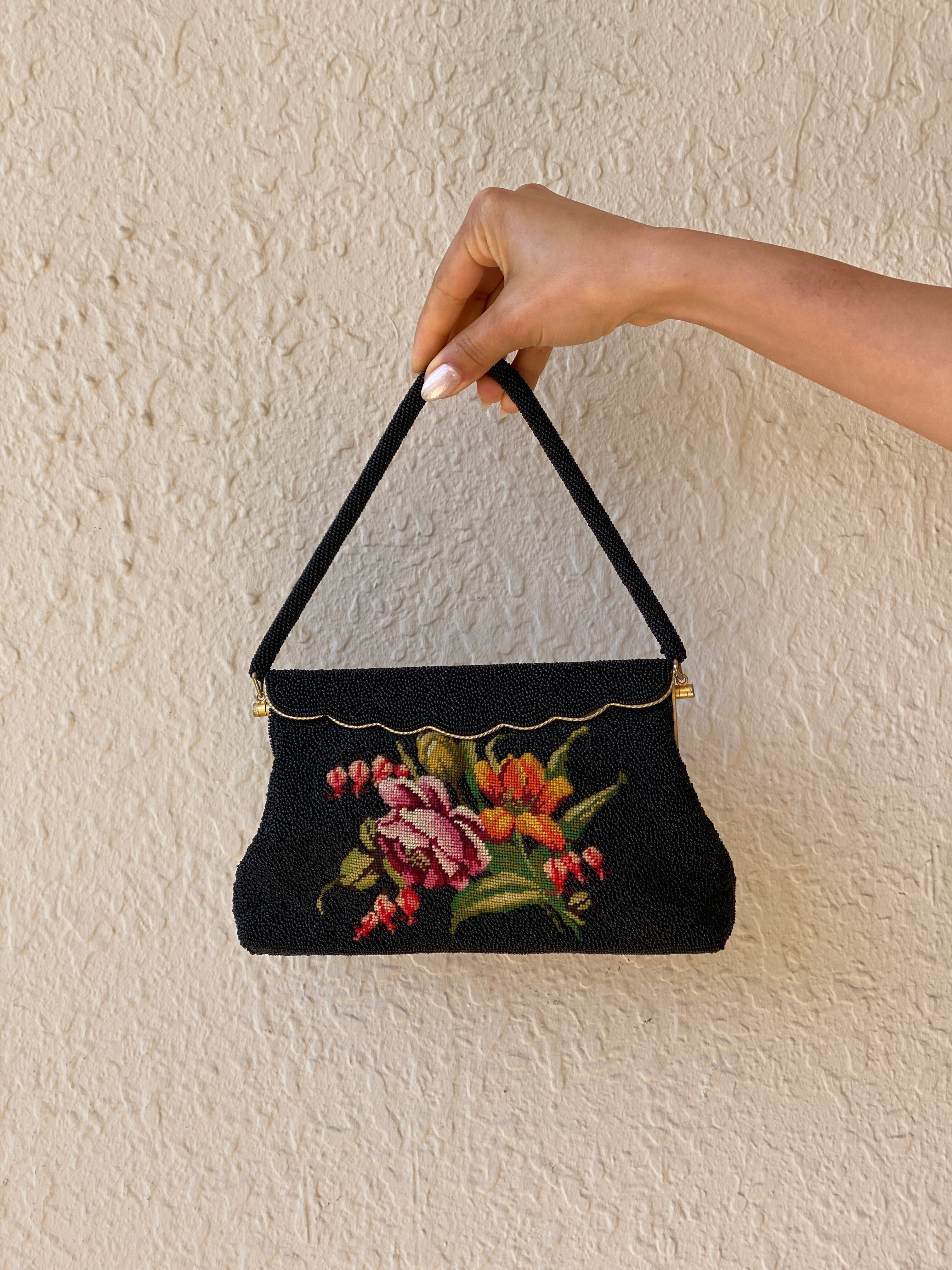 Vintage 1950s Black Micro Beaded Tapestry Floral Evening Bag – Gold Frame Mini Handbag
