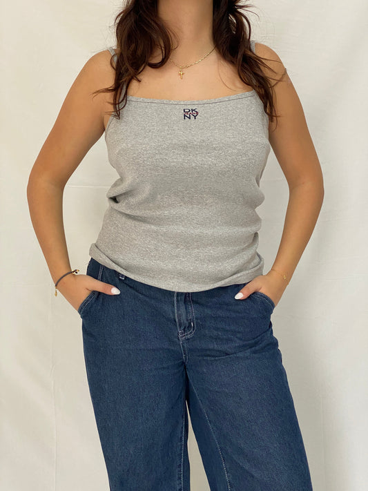 Vintage Y2K DKNY Grey Tank Top Minimalist Logo Cami, Stretchy Basic - M