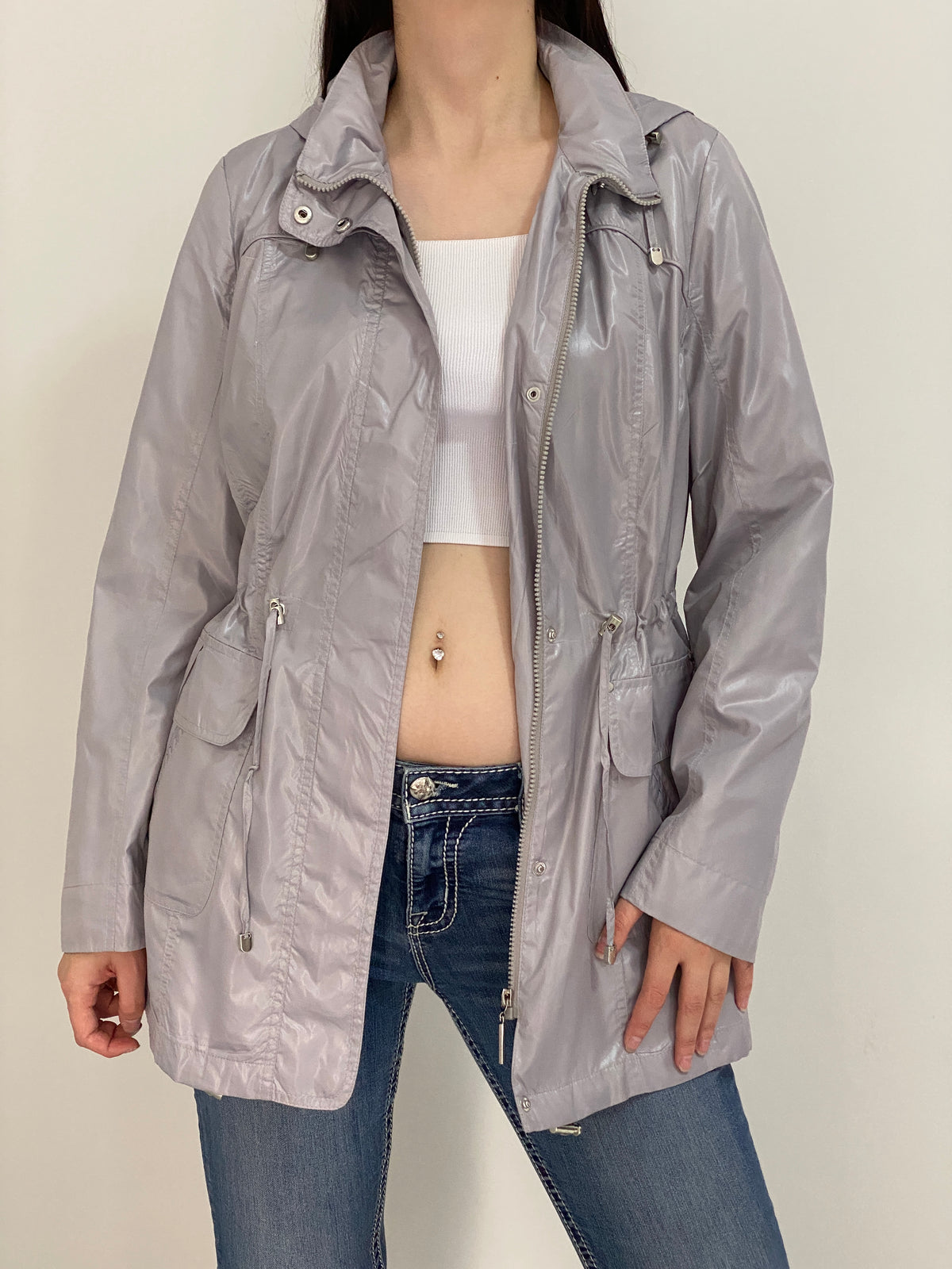 The Outerwear by C&A Metallic Silver Grey Hooded Utility Parka Jacket – L