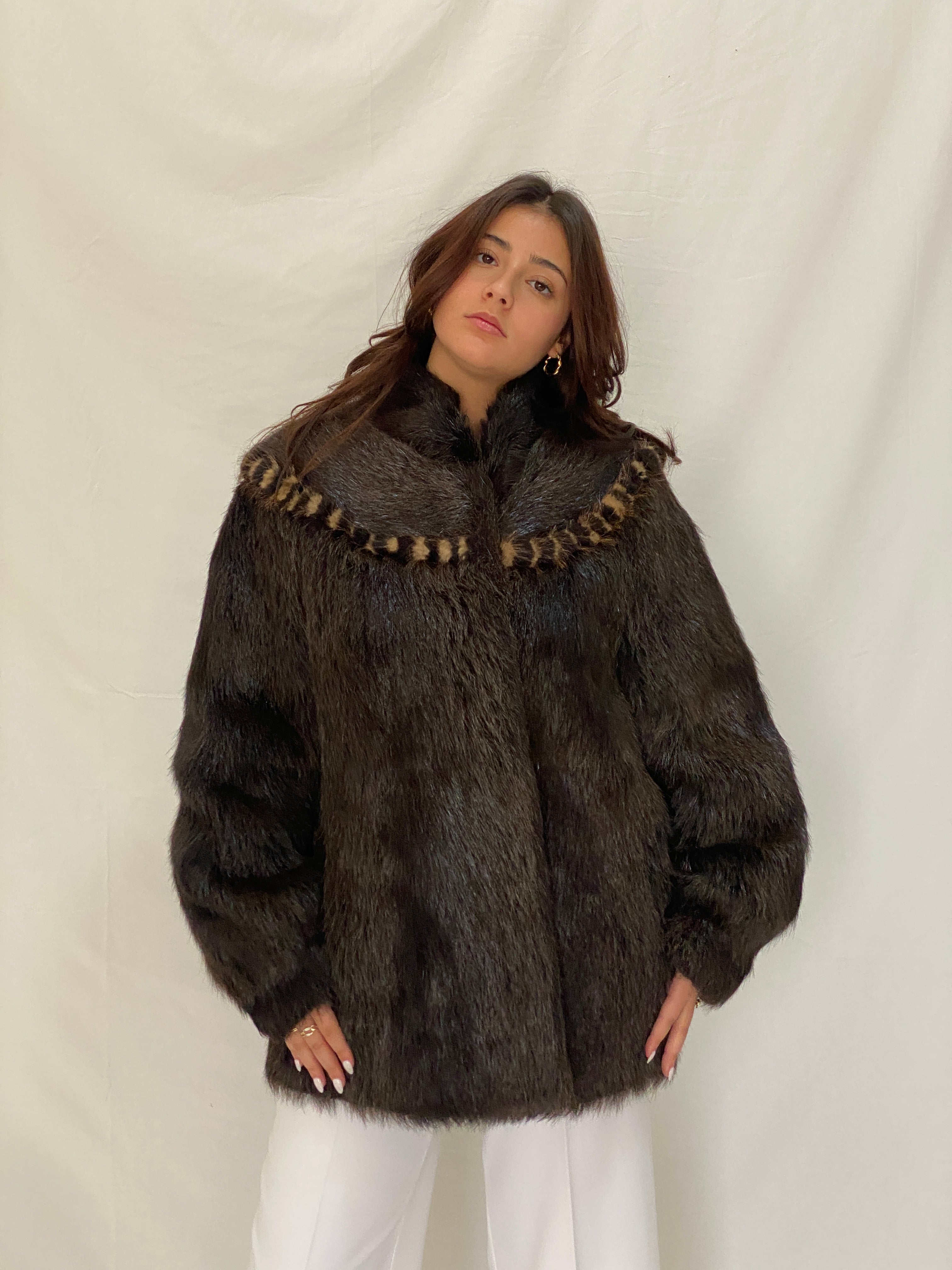 Vintage Real Raccoon Fur Coat Dark Brown Long-Hair Luxury Winter Jacket - L