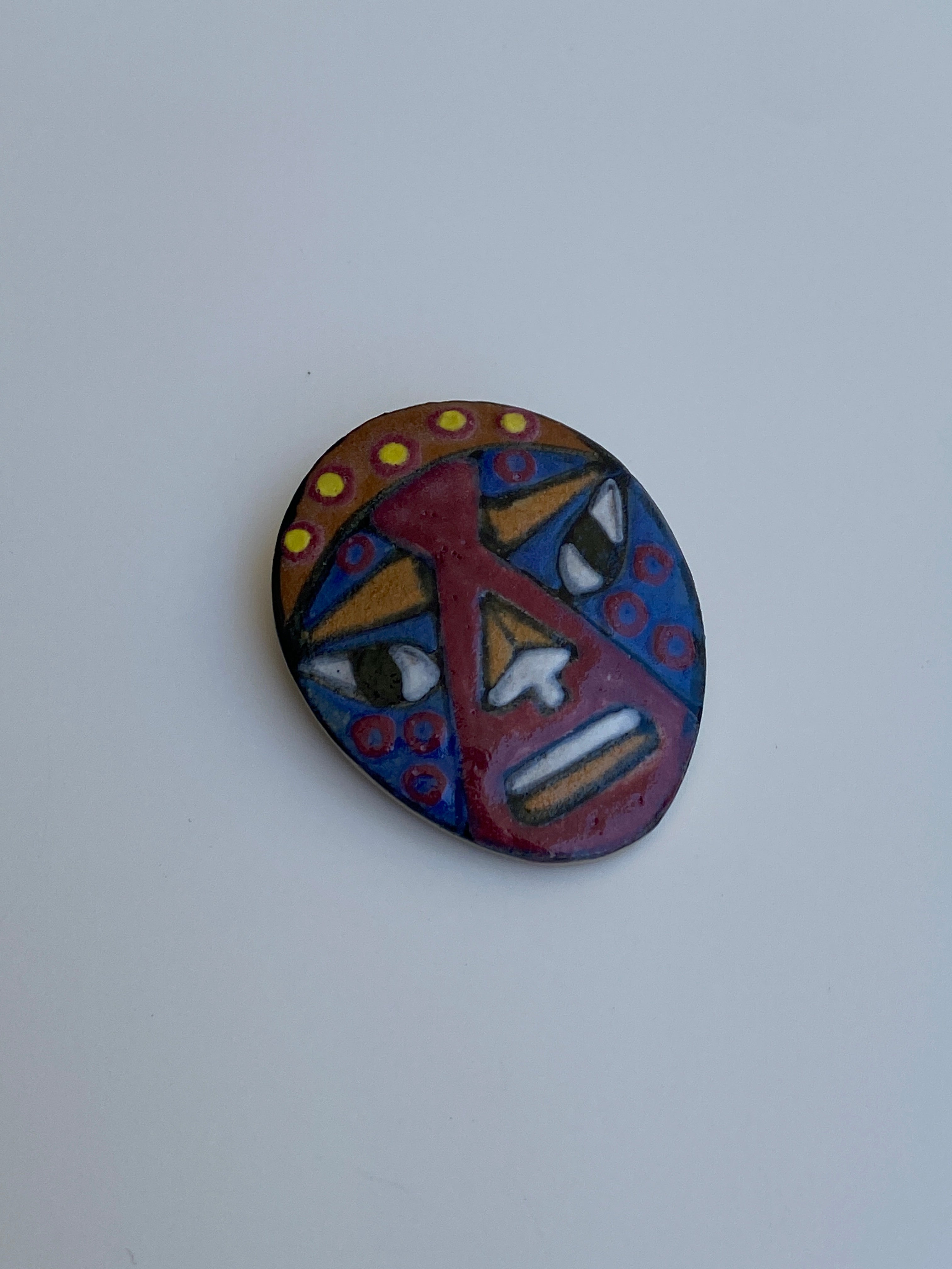 Vintage Hand-Painted Ceramic Tribal Face Brooch by MV Blake