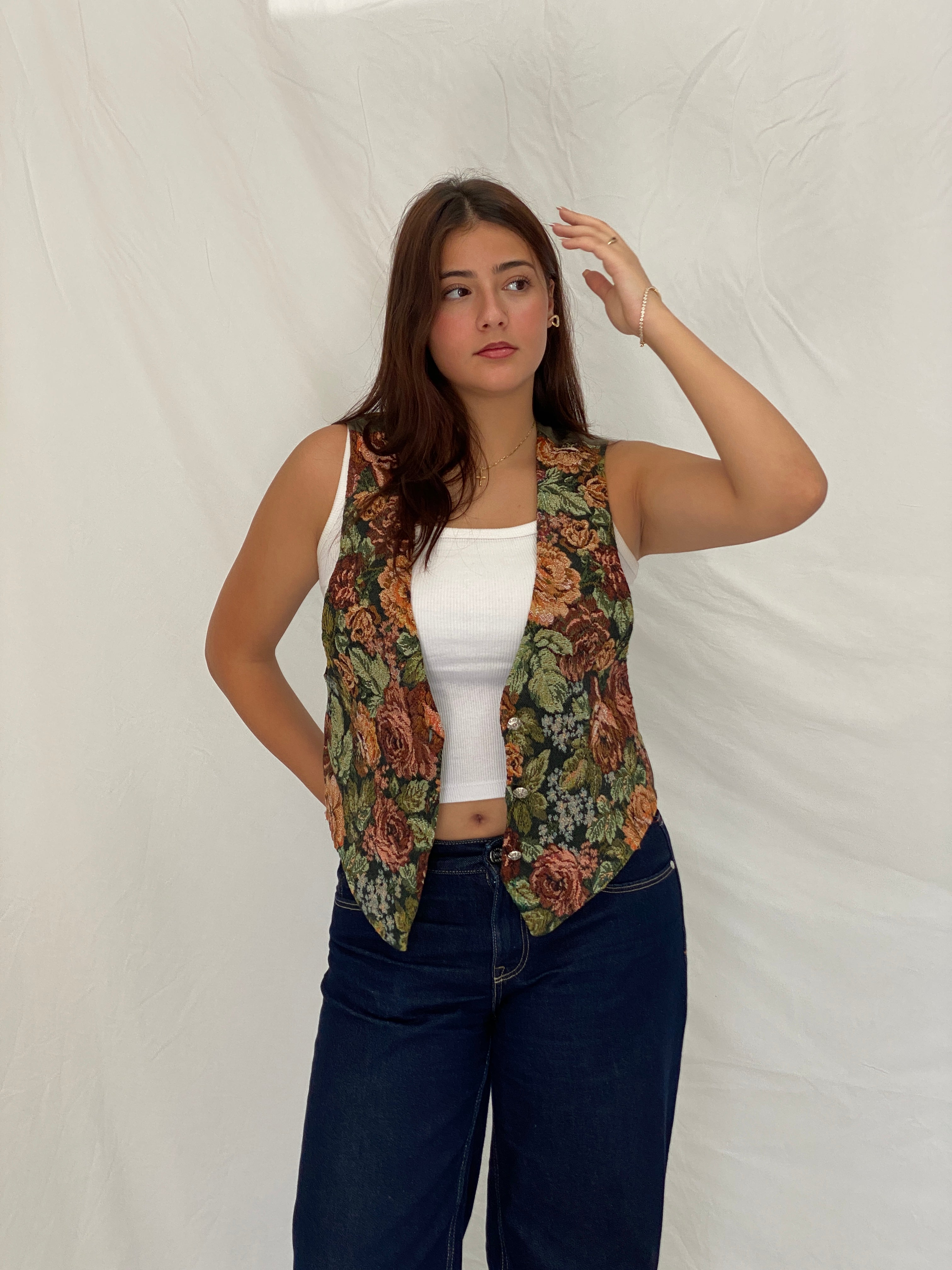 Vintage 90s Floral Tapestry Vest Green Rose Gobelin Waistcoat – L