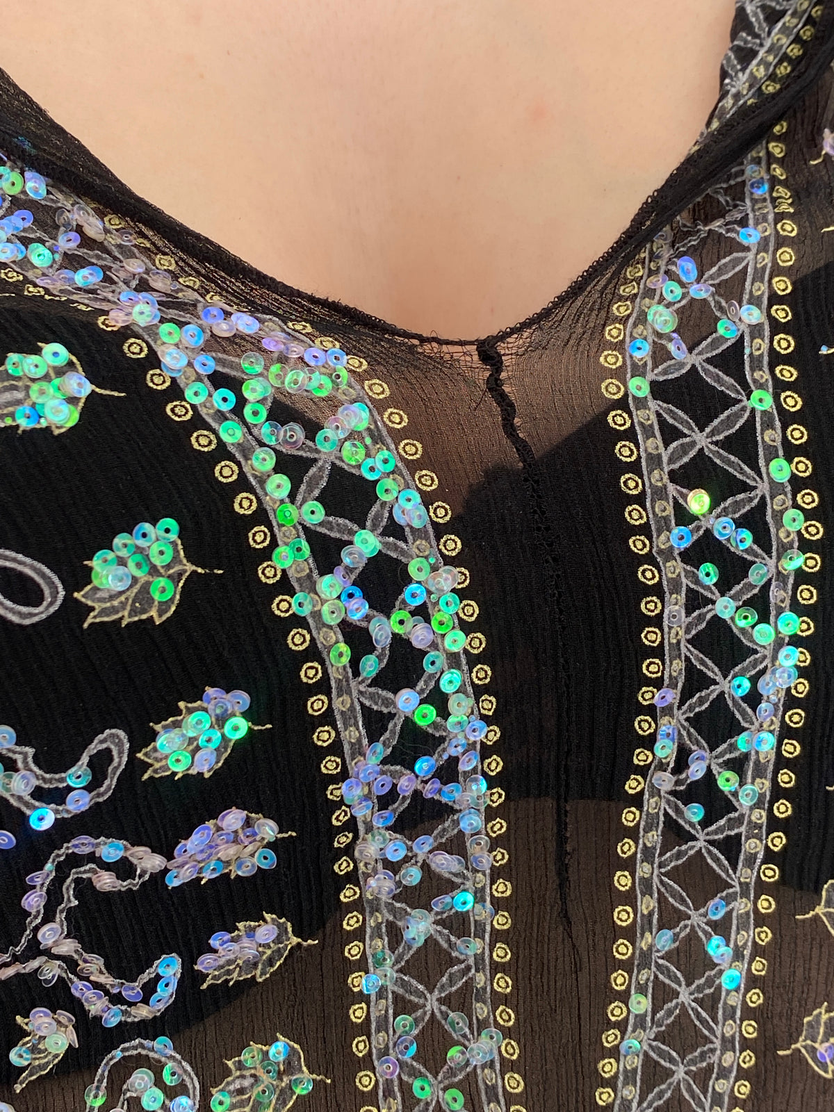 Vintage Venus Black Silk Sheer Sequin Embroidered Blouse – S