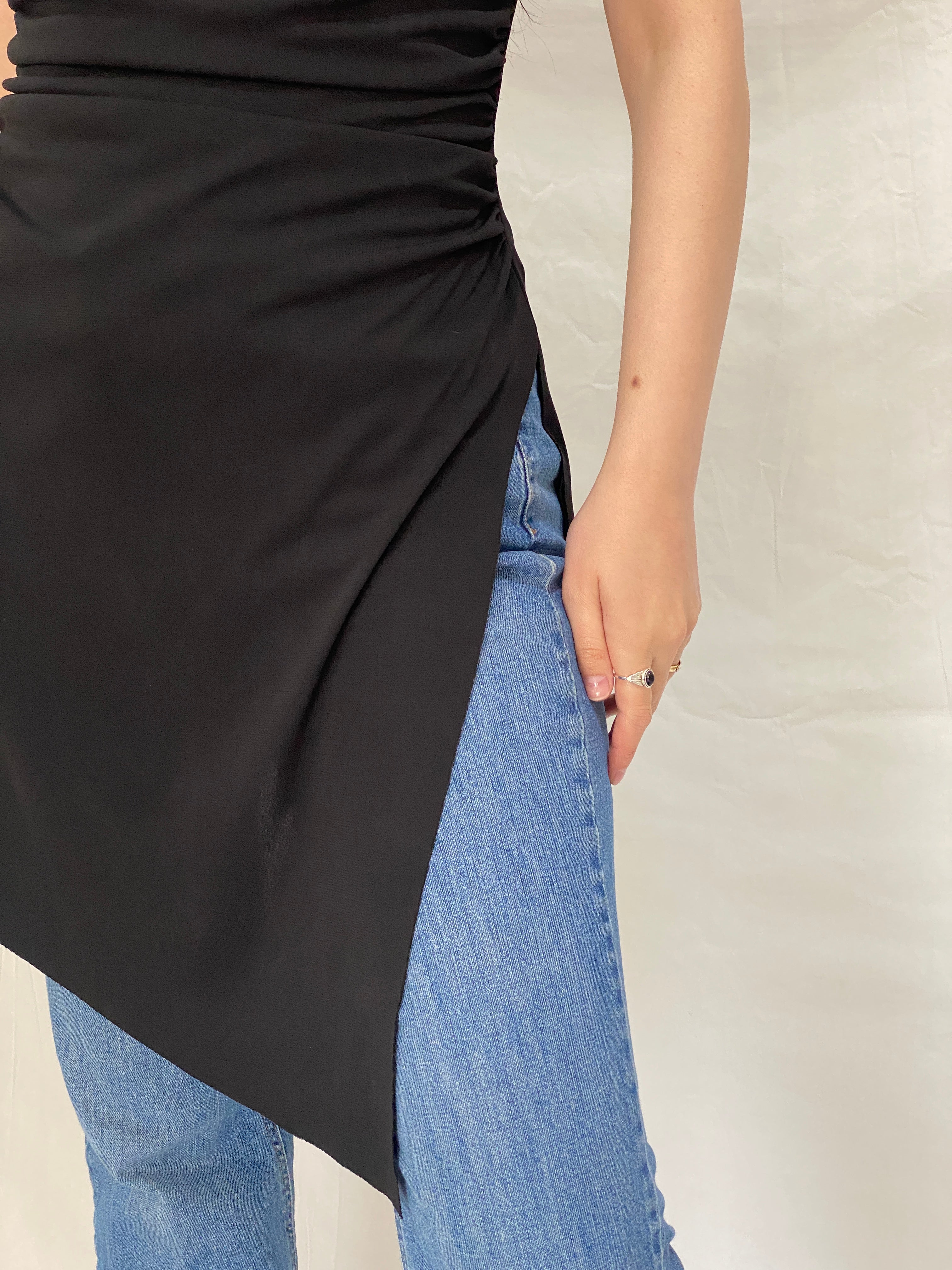 Vintage Y2K A-list Black Asymmetric Ruched Cami Stretch Minimalist Top - M